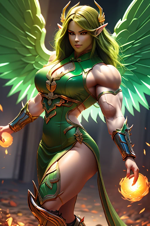 (((Massive, beautiful, buff, light brown skinned, muscular woman with green hair, black lipstick, glowing orange eyes, huge angel wings, ginormous bulky muscles and wearing a beautiful long black futuristic armored cheongsam dress))), (close view), massive muscles, massive biceps, huge angel wings, hyper muscle triceps, (long curvy hair), orange eyes, (beautiful long cheongsam dress), gauntlets, high heels boots, in a sea of green flames, surrounded by green fire, night, smirk, hyper muscles arms, hyper muscle legs, massive arms.