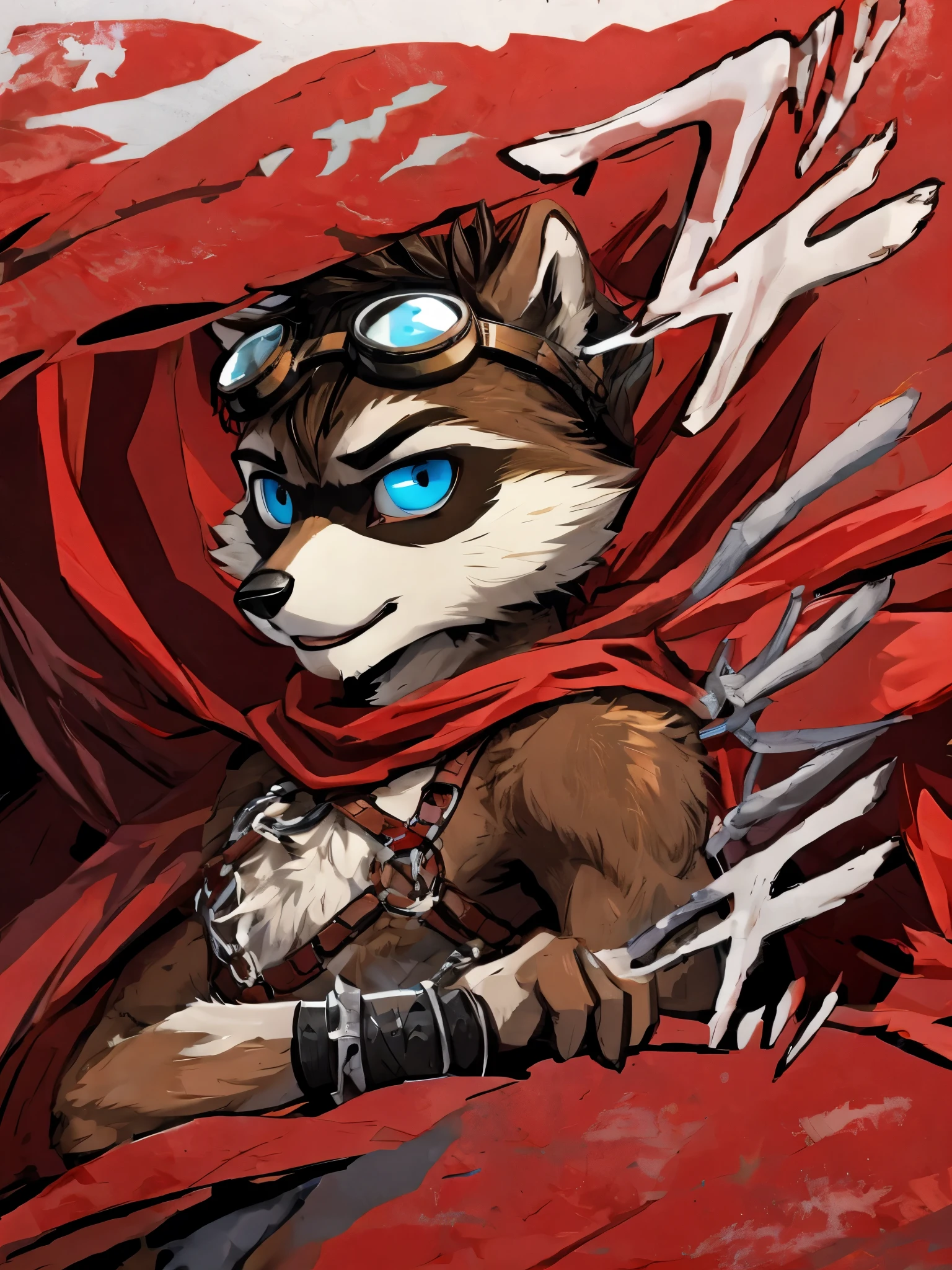 teen Furry, furry, teen, raccoon, spiked brown hair only on head, blue eyes, goggles, chain harness, red cape, red scarf, red loincloth, masterpiece, detail body, detailed eyes, fur all over body, detailed face, detailed eyes, detailed hands, Skinny, claws, high resolution, metal cuffs on wrists, metal cuffs on ankles, no shirt, no underwear, wave,