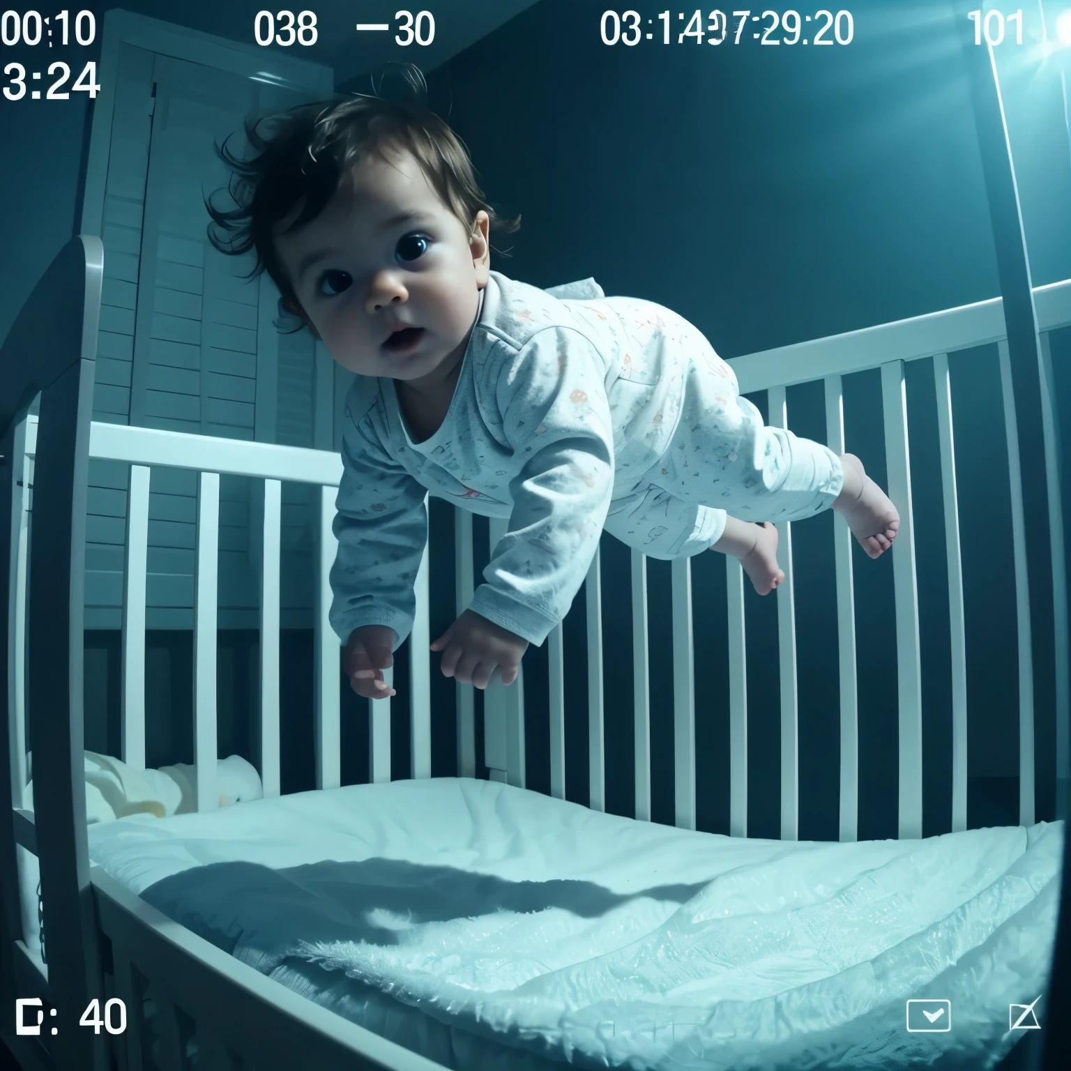 very realistic. a baby floating above his crib at night, seen through a video camera, with a time index in the corner of the frame. camcorder frame paranormal effect