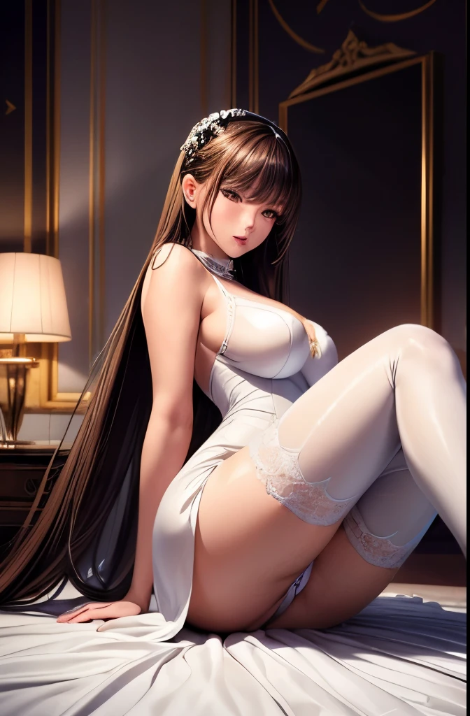 best quality, 32k, RAW photo, incredibly absurdres, extremely detailed, beautiful woman, white dress, sit on the floor, black shiny stockings, light brown shiny straight hair, amorous expression, lewd expression, great proportion, background luxurious and brilliantly decorated bedroom, professional lighting