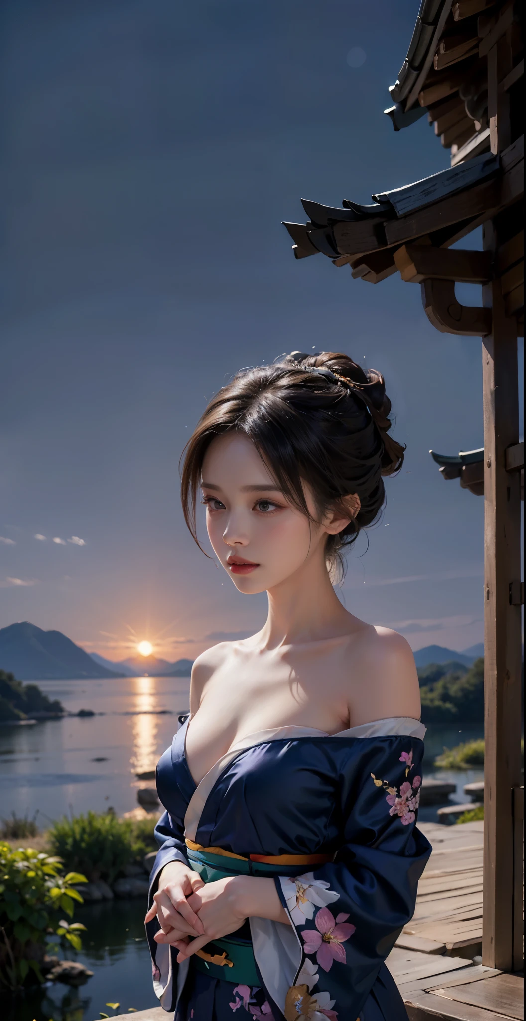 pond, feudal Japanese architecture, female, woman, sensual, erotic, looking at viewer, romantic, loving, affectionate, facing viewer, colorful, long hair, (hair up in perfect bun:1.3), (asian:1.3), twilight blue, sparkling silver, galaxy purple, black velvet, cherry blossom park, sakura trees, pink petals, outdoors, standing, (covering breasts:1.4), (hand on breast:1.3), (sunset, dusk:1.25), (silk kimono robe:1.5), (sash:1.3), (bare shoulders:1.4), (strapless:1.3), (delicate embroidery:1.1), elegant, draped, (revealing:0.8), (art by Noah Bradley:1.4), (hand on own chest:1.3), (adult:1.4), , slim waist, small breasts, fcHeatPortrait, (medium shot:1.3), lewd, risque, skimpy, scantily clad, cleavage, (grabbing own breast:1.3), (masterpiece:1.2), subsurface scattering, heavy shadow, (high quality:1.4), golden ratio, (intricate, high detail:1.2),Your nipples are very beautiful,Beautiful Korean,She is a gentle and beautiful girl.,