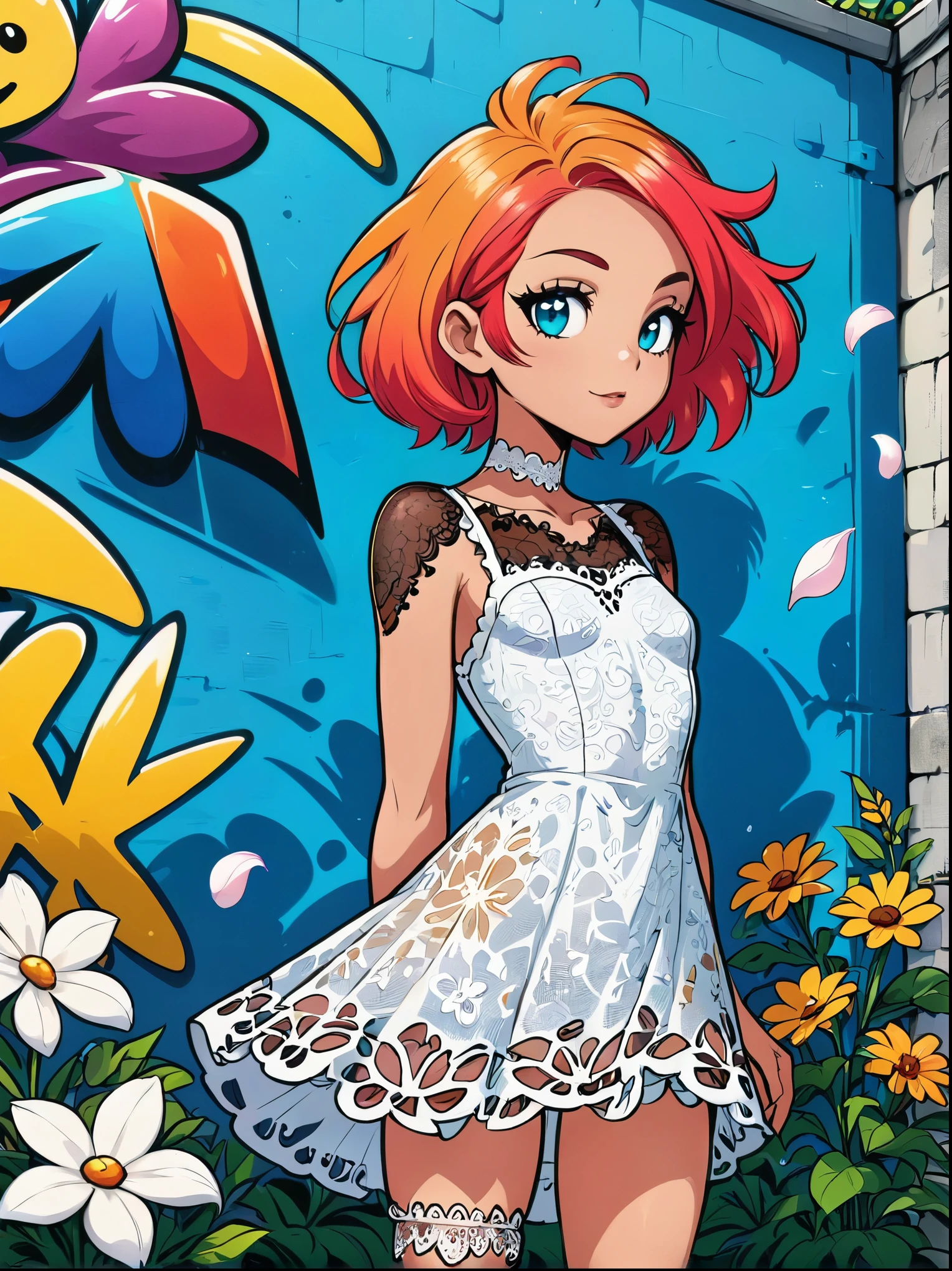 (Cartoon doodle style:1.2), Vector illustration，1girl, solo, Has brightly colored hair, (White lace dress:1.6)，beautiful girl，(Flowers，Many small white petals:1.3)，garden，Blue sky，Looking at the audience，Small waist，Unbelievably ridiculous，Face Light，Highest detail，Extreme details，Ultra Detail，Fine details，Extreme details的眼睛和脸部, Standing in front of a graffiti style background, Comic Art，Anatomically correct, Textured Skin, Adds whimsy to the scene, 1xhsn1