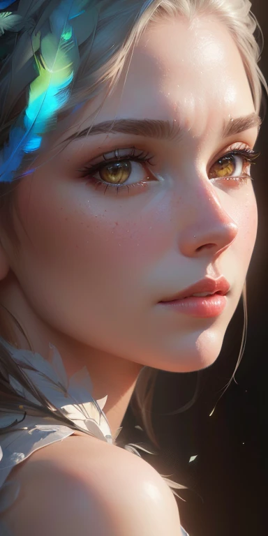 close-up of a woman with a feather on her head, Close-up character portrait, realistic digital art 4k, realistic digital art 4k, Artgerm ; 3D-движок Unreal, Close-up character portrait, deviantart artstation cgscosiety, 8k high quality detailed graphics, 2D concept art of head macro shot, 8K portrait rendering, cinematic realistic portrait
