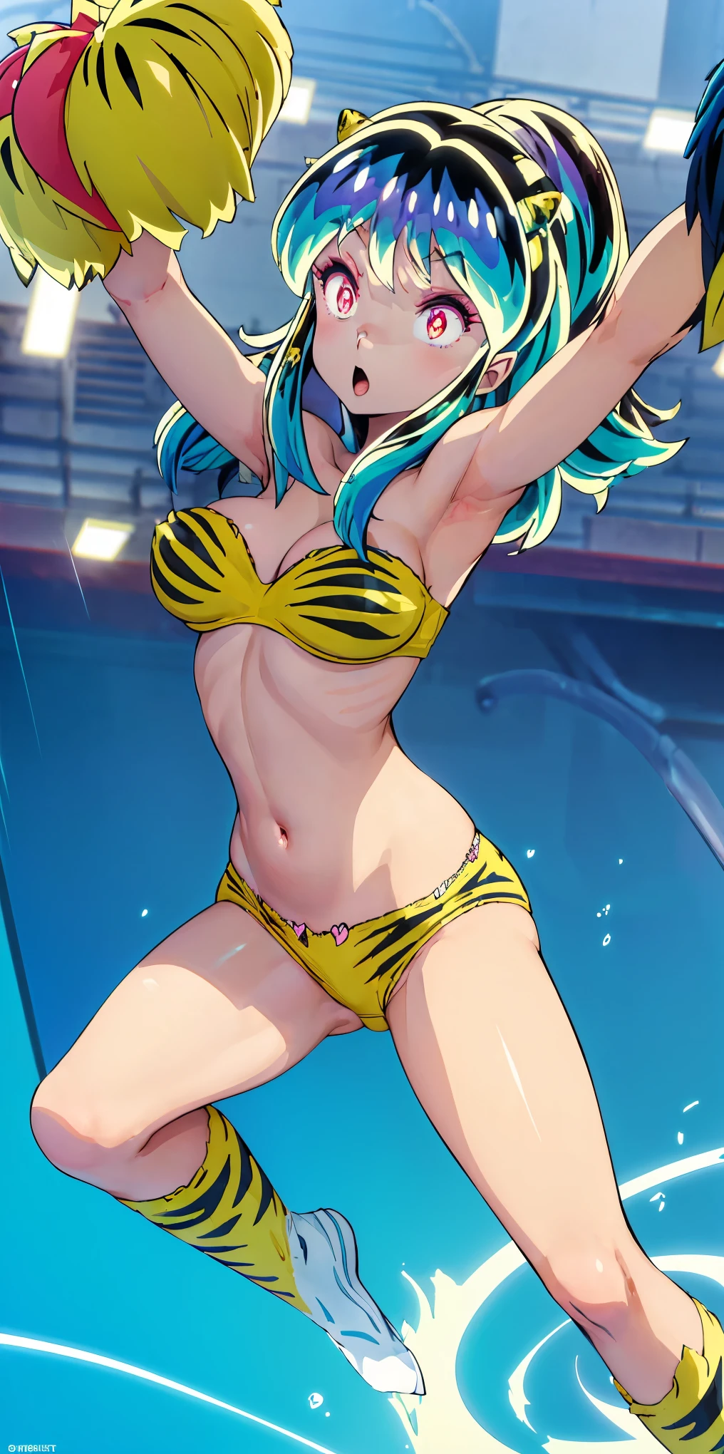 ram invader, detailed breasts, anime dick, (tiger print cheerleader: 1.2), (white panties:1.4),muste piece, best quality, open mouth, tooth, ultra-detailed breasts, Yellow eyes, cute eyes, detailed face, a cute girl, big chest, red face, (wet with water: 1.2), Generally poor breasts, areola slip, (Position where panties are visible:1.5), (beautiful breasts: 1.2), (with a bright light source: 1.2), (heart shaped pupils opening their clothes: 1.5)