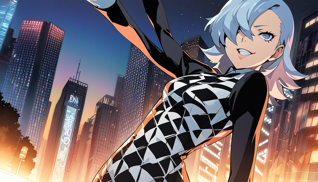 1girl, expressive eyes, wink, sneaky smile, patterned clothes dress, jojo poses, big urban city in night time in background, detail richness, masterpiece, best quality, PERSONA style, Soejima Shigenori style