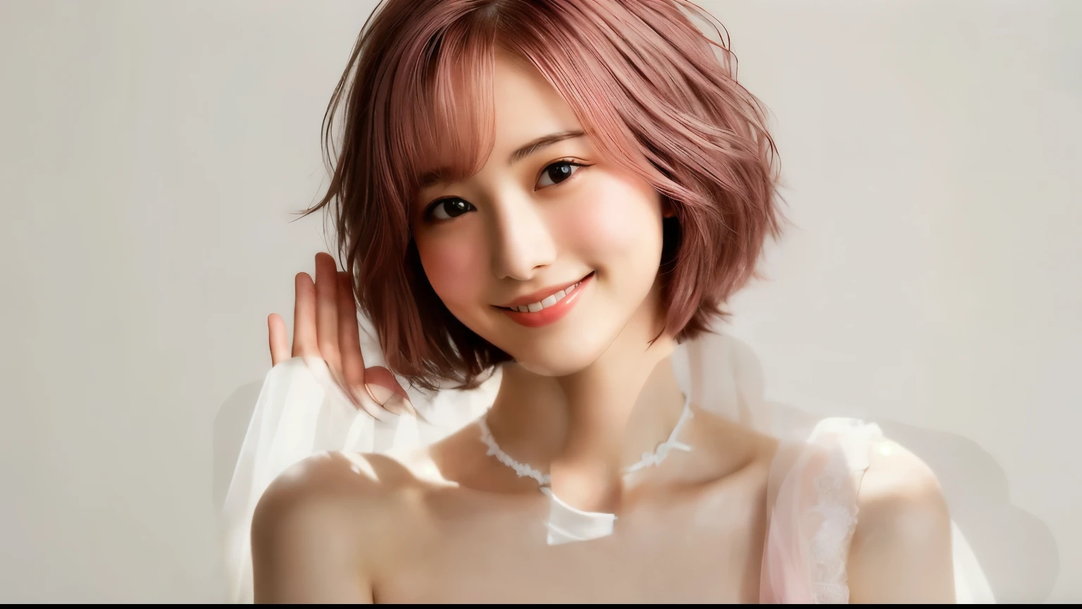 She had pink hair and wore a white strapless dress., Short hair, cute girl with Pink Short Hair, Chiho, Takano Aya color style, sayori, Pink Short Hair, Janice Sun, Pink Short Hair, Bobcut, sun yunjoo, Short hair with bangs, With a cute - lovely - face, Chin-length hair,white wedding veil