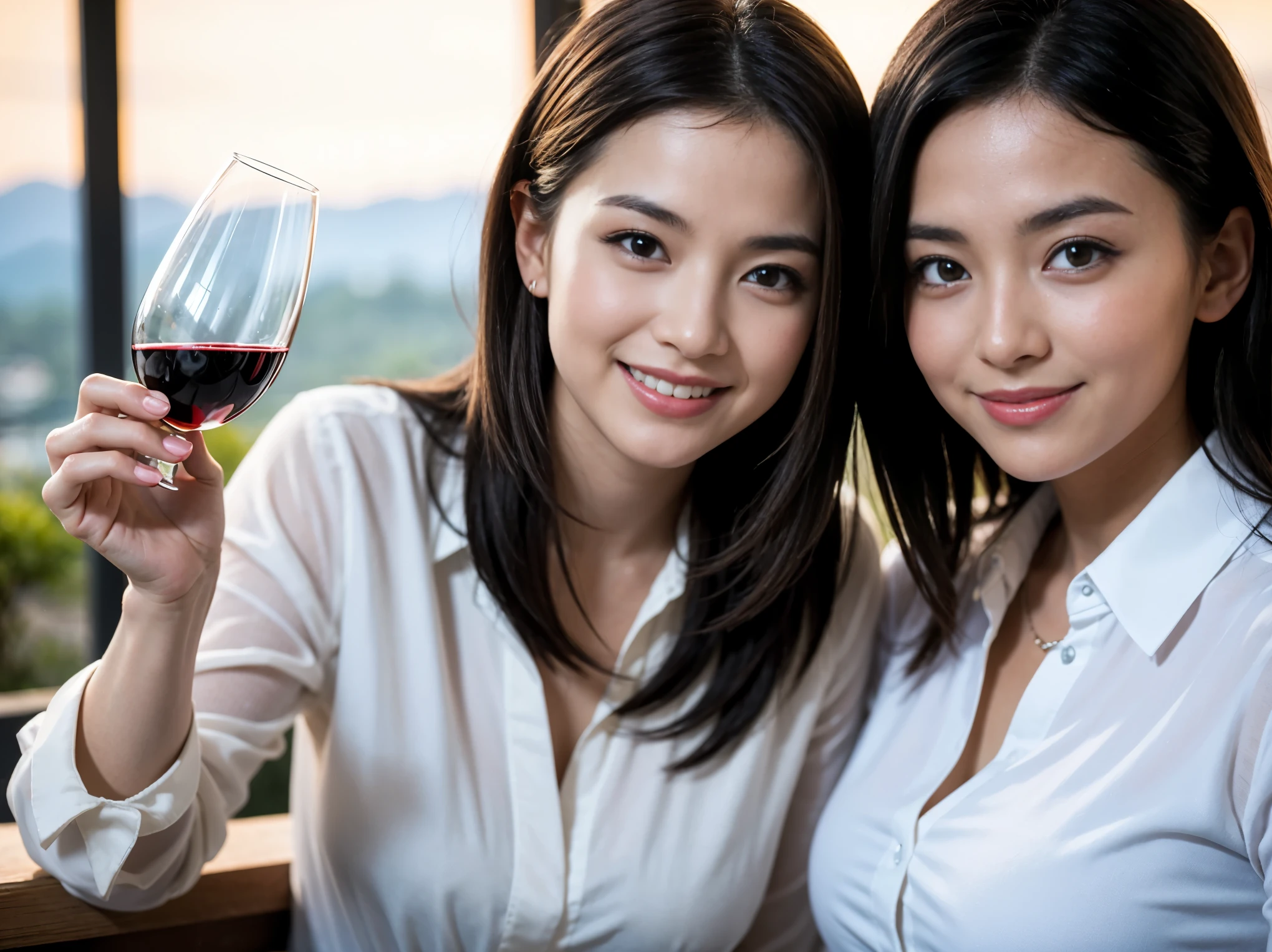 ((highest quality、8k、masterpiece:1.3))、1 male、1 female、石原さとみ似美女Couple、Spouse、Couple、The body is slim、((Bob Hale、Straight hair:1.2)), (Realistic, Intricate details:1.2), テーブルの上のwine glass、Shine light on your face、 Amazing view of the sunset sky and clouds、Amazing mountain views、A bright smile、The wonderfulness of smile、Bright image、The beauty of wine, Beautiful Face, blue eyes, The light shines on your face, Blushing, short hair,Bright Face、 (Age 37), 41 years old, red wine 、Appetizers、Italian food、Wine bottle、Champagne、sparkling wine、Two beauties、Brown Hair、Shortcuts、Long sleeve shirt、dress、Pretty Woman 1, (slimな顔), (The body is slim), (Brown Hair), (Shortcuts), cheeks turn a little red,Attractive beauty、restaurant, In a prominent place (From the waist up) Nova Frog Style, actress, model, Upper Body, White wine, slim, wine glass, 中央に置かれたwine glass, smile, (smile: 1.15), Beautiful fine grain, Depth f/2,saturation, High Contrast, Strong light and shadow,Moist Body:1.5、3D texture、Delicate eyes、Brown Hair、The hair is very shiny、