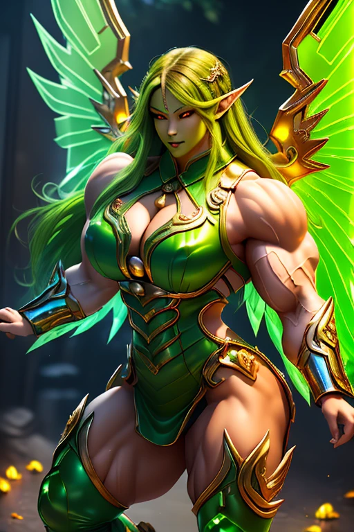 (((Massive, beautiful, buff, light brown skinned, muscular woman with green hair, black lipstick, glowing orange eyes, huge angel wings, ginormous bulky muscles and wearing a beautiful long black futuristic armored cheongsam dress))), (close view), massive muscles, massive biceps, huge angel wings, hyper muscle triceps, (long curvy hair), orange eyes, (beautiful long cheongsam dress), gauntlets, high heels boots, in a sea of green flames, surrounded by green fire, night, smirk, hyper muscles arms, hyper muscle legs, massive arms.