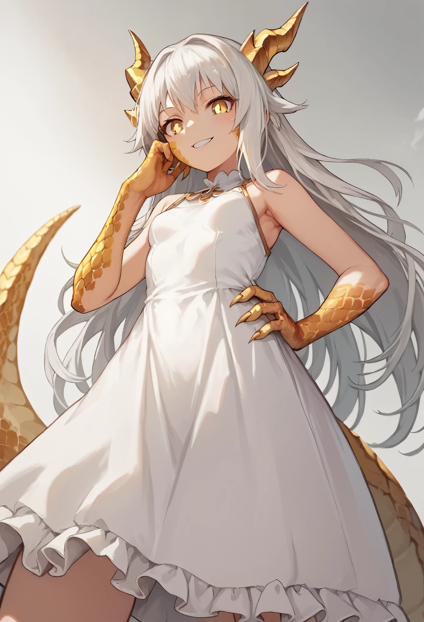 (score_9, score_8_up, score_7_up), source anime, 1girl, white hair, long hair, small breasts, yellow eyes, dragon girl, golden horns, 4 horns, golden scales, scaled arms, claws, scales on cheeks, monster girl, golden tail, white chemise dress, frilled dress, below view, small smile, split pupils, hand on hip