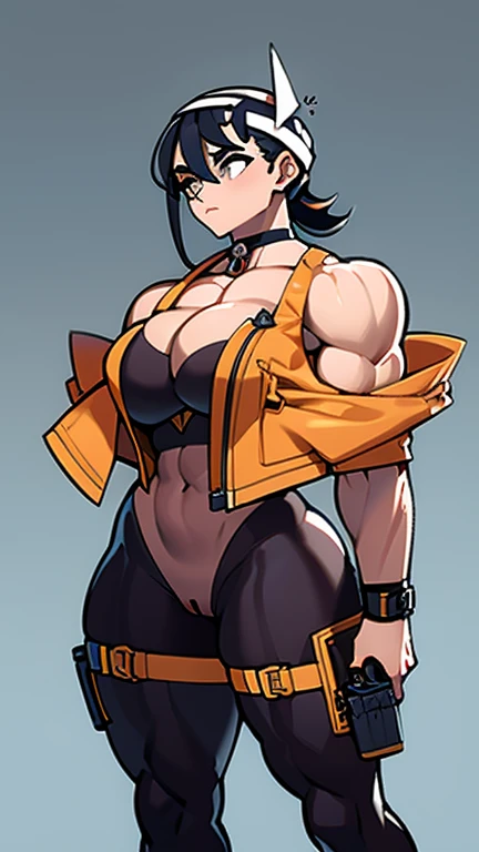 1 woman,muscular arms, Ultra HD, retina, obra de arte, Anatomicamente Correto, pele texturizada, detalhes altos, premiado, Melhor qualidade, 8k, alto,(jacket, holster, gun holster, bondage gear, choker, headband, pantyhose, harness ), shaved pussy, large perfect breasts, wide hips, thick thighs,