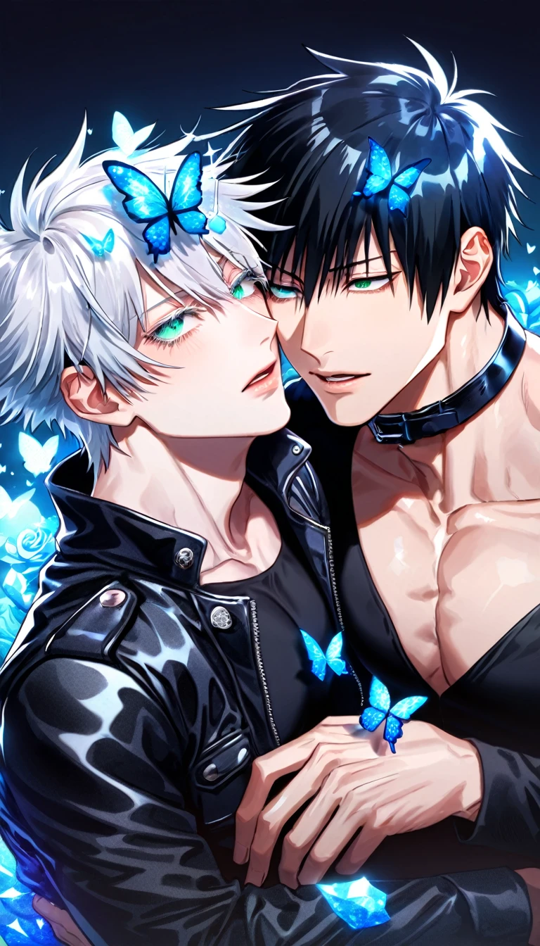absurdres, highres, ultra detailed, HDR) master piece, best quality, Fushiguro Touji, black hair, expressive green eyes, black tight shirt, cropped leather jacket, black collar, Jujutsu Kaisen, Gojou Satoru, white hair, with bangs, expressive blue eyes, white eyelashes, two sexy men together, yaoi, gay couple, handsome, toned chest, magical fantasy, blue butterflies, glittering, sparkling, blue roses, blue petals, radiant gemstone blue background, blue flames
