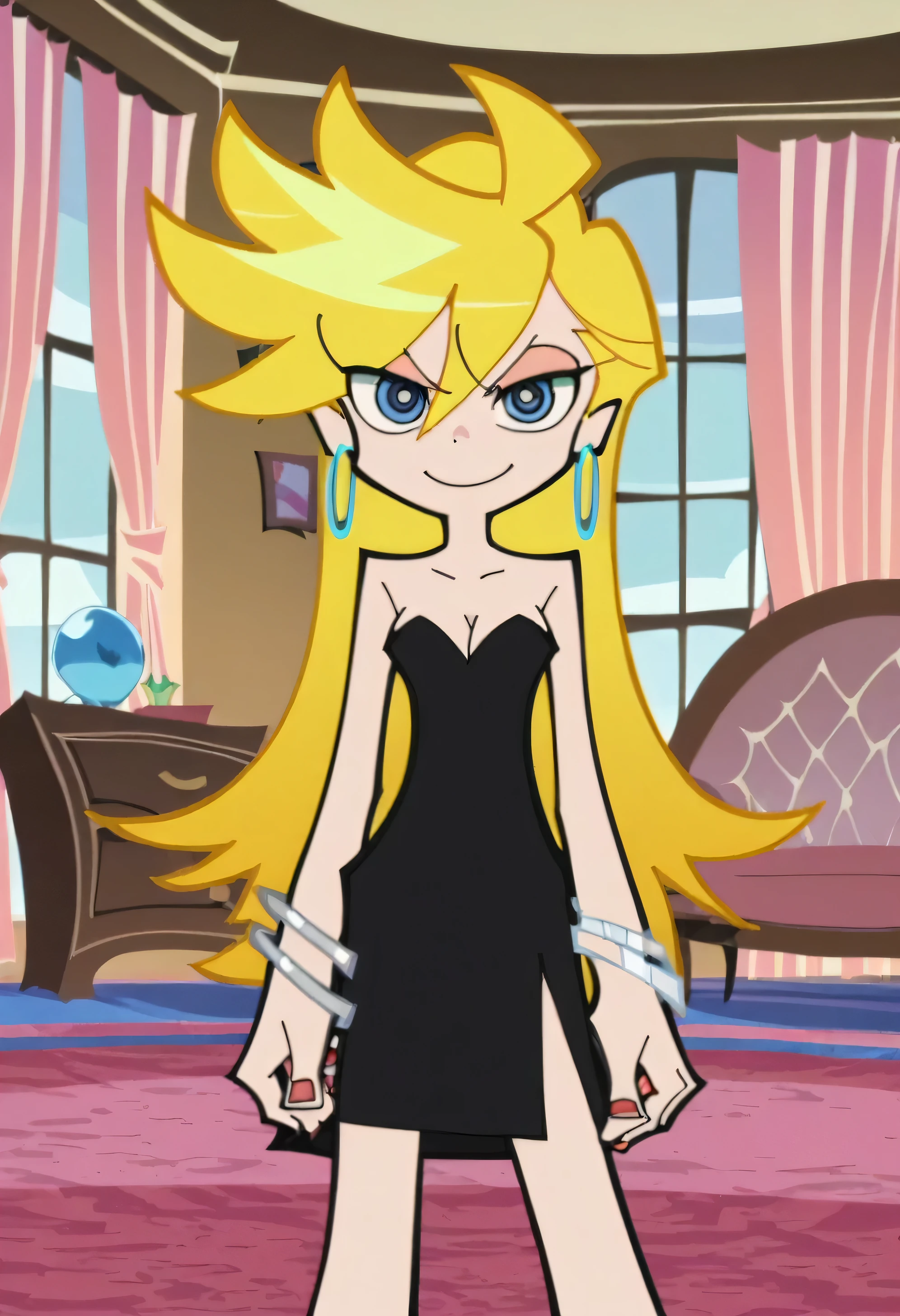 p&s style, rating_safe, score_10, sharp, anime screencap, flat shadows, flat colors, panty, blonde hair, strapless, a short black dress, skin tight black dress, hoop earrings, sliver bracelets, bare shoulders, cleavage, panty’s indoor bedroom, a chair, curtains, outdoor window of night skies, smile, blue eyes, sitting down on her sofa, in the center, looking at viewer, 1 girl, solo,