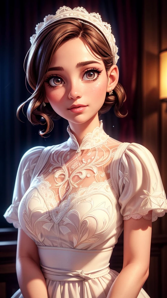 a middle-aged man wearing a white lace dress, extremely detailed face, beautiful detailed eyes, beautiful detailed lips, long eyelashes, elegant pose, intricate lace pattern, high quality, photorealistic, cinematic lighting, warm color tones, masterpiece