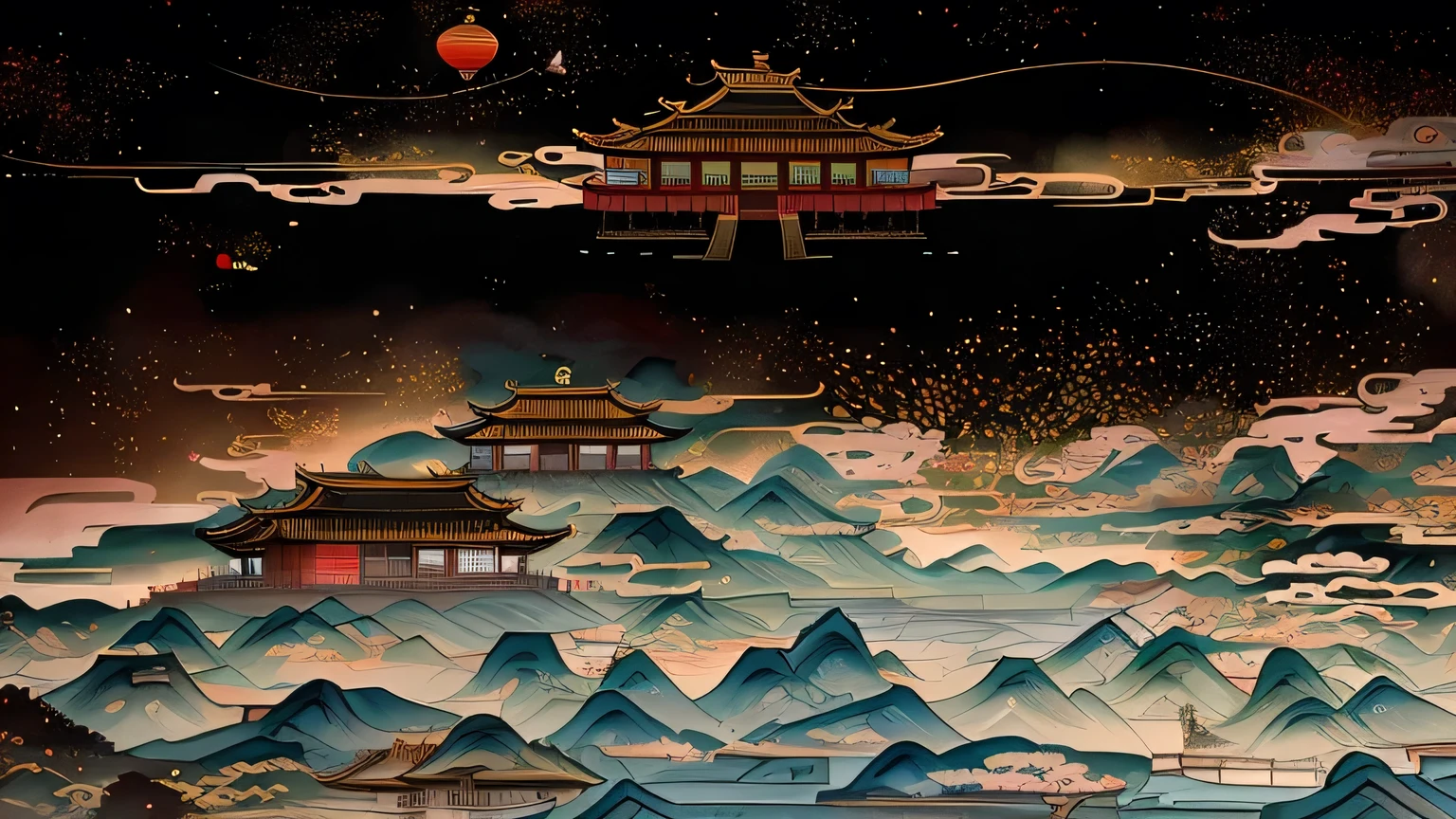 painting of a Chinese scenery with a pagoda and mountains, Chinese watercolor style, Chinese painting, Chinese Fantasy, Cyberpunk Ancient Chinese Castle, Chinese painting style, Japanese painting, Chinese Art Style, Oriental Wallpaper, A beautiful artistic illustration, Chinese scenery, Chinese surrealism, Depicting the background of the temple, The floating palace, Chinese Dreamland, Fantasy Chinatown