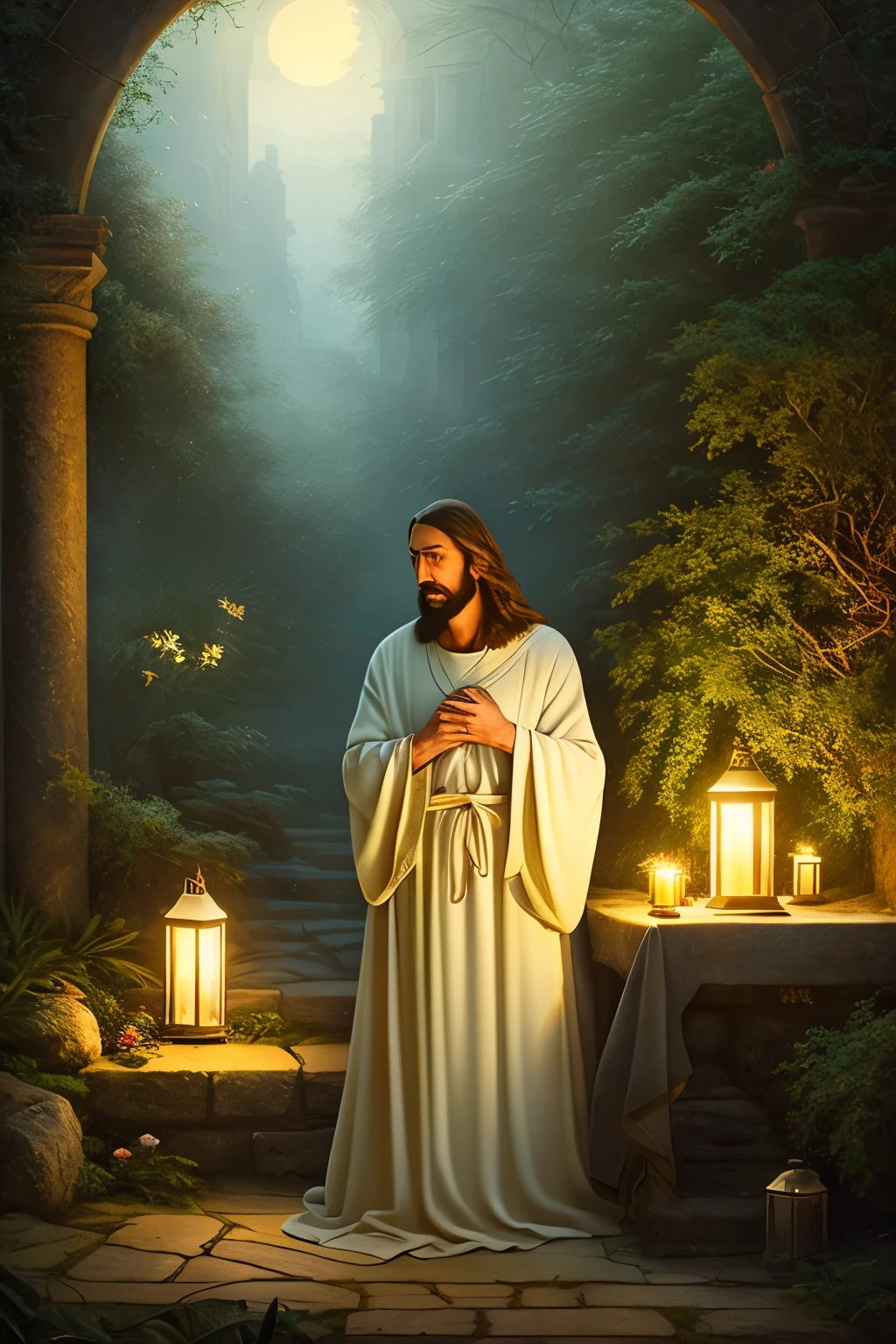 Striking portrayal of Jesus Christ in the Garden of Gethsemane, rendered in exquisite detail with a realistic, yet serene quality. The image showcases the biblical figure in a quiet introspective moment, deeply contemplative with a hint of sadness in his eyes. His robes are softly flowing, capturing the stillness of the night. The setting is illuminated by the soft glow of distant lanterns, creating a warm, ambient atmosphere that accentuates the spiritual significance of the scene. The composition is masterful, expertly capturing the tension and emotional depth of the moment. This high-resolution, cinematic artwork is reminiscent of a peaceful,