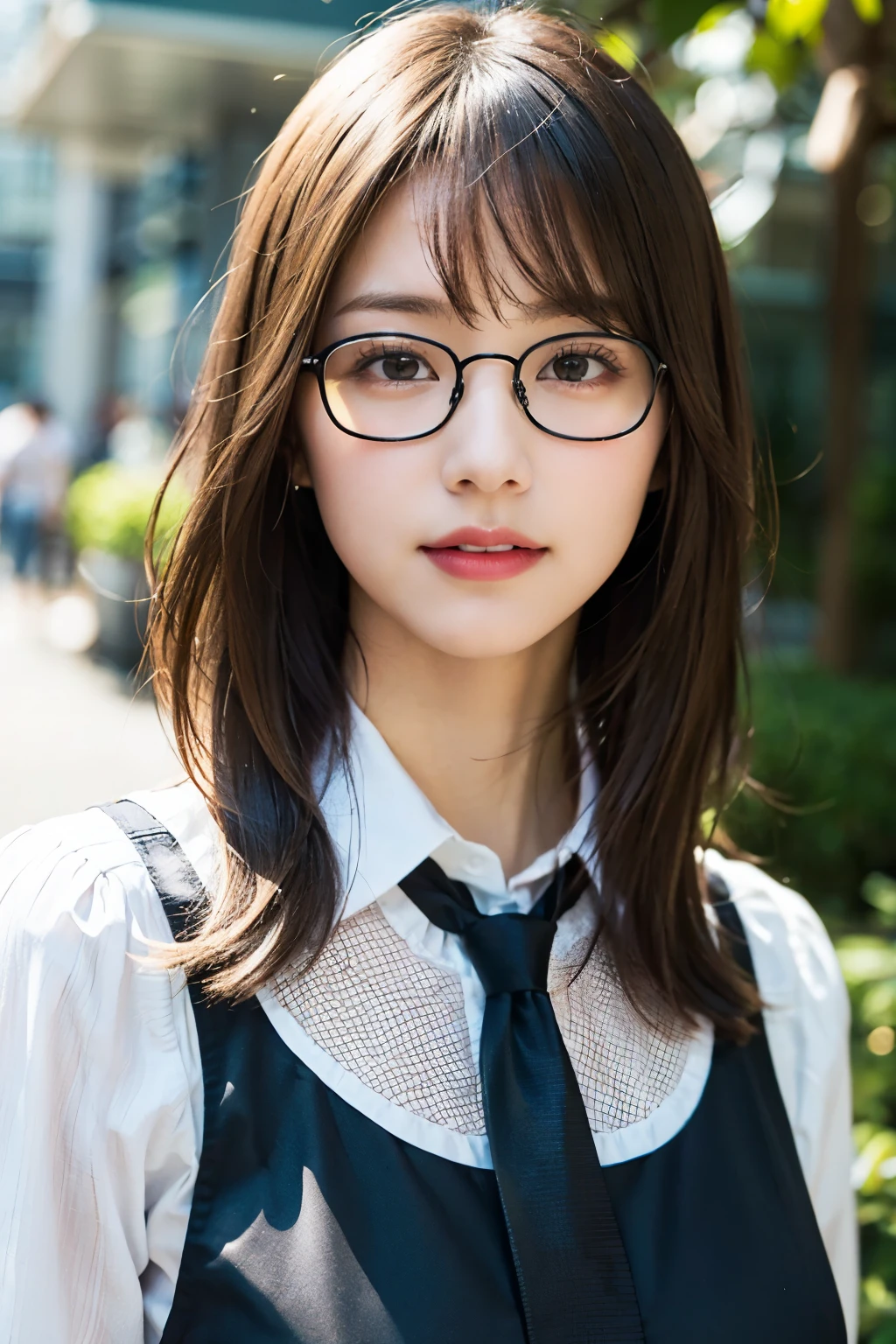 (8k、Raw photo、highest quality、masterpiece:1.2)、(Realistic、Photorealistic:1.37)、Ultra-detailed、超A high resolution、1 girl、Seeing the viewer、Beautifully detailed face、Laughter、narrow、(Slim waist) :1.3)、((White blouse))、Beautifully detailed skin、Skin Texture、Floating Hair、((Tie your hair together))、Professional Lighting、In front of the station at noon、((Black square glasses))、Human whole body、Brown Hair