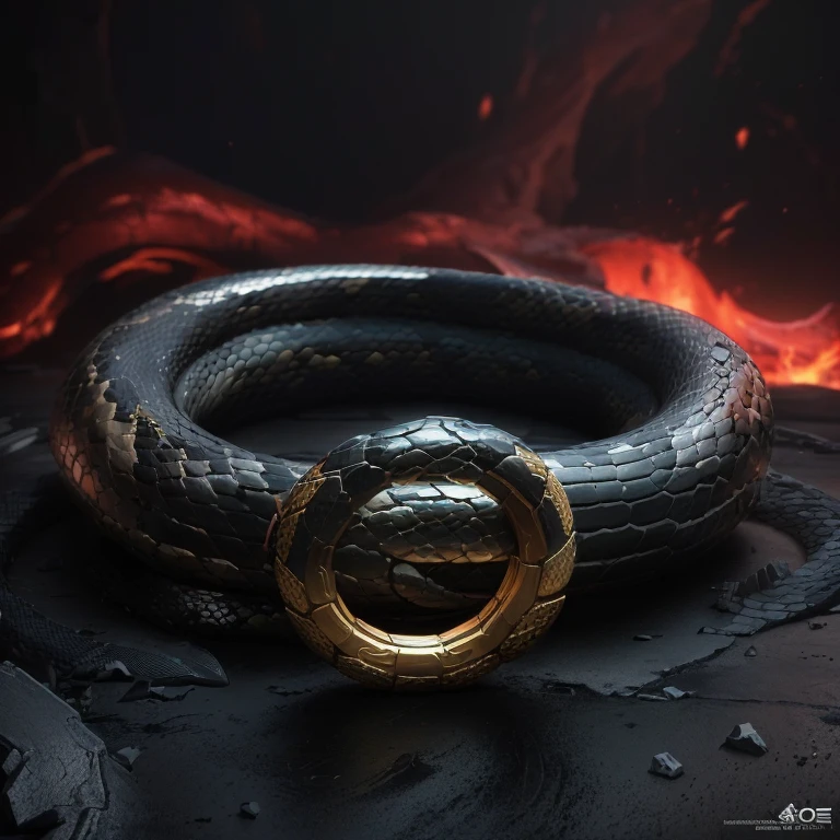 a close up of a snake's head on a black surface, Ouroboros, Вдохновленный Elden Ring, rendering in key image, coiled realistic snakes, Hydra from the Path of Exile, snake, Adam Marchinsky, photo rendering in 8k resolution oct, snake, realistic fantasy render, (octane number) fantasy style, Rendering with Substance Designer