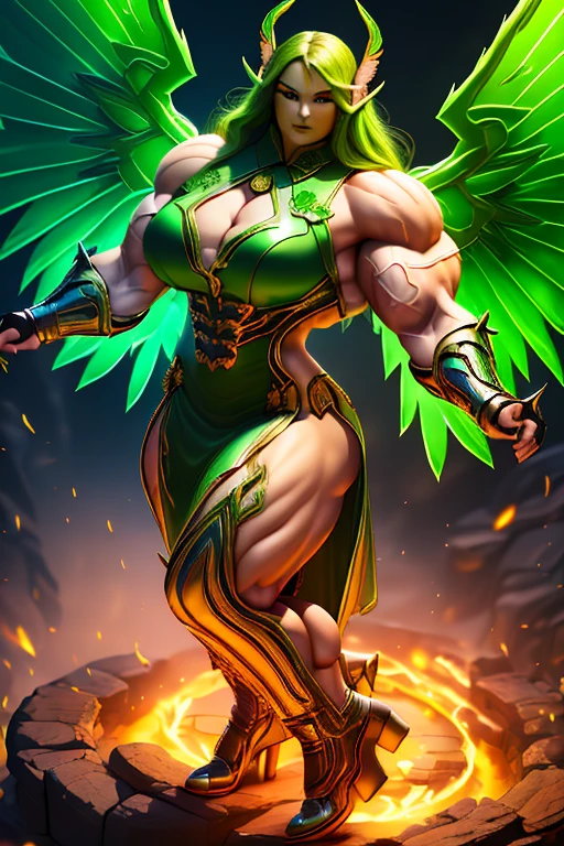 (((Massive, beautiful, buff, light brown skinned, muscular woman with green hair, black lipstick, glowing orange eyes, huge angel wings, ginormous bulky muscles and wearing a beautiful long black futuristic armored cheongsam dress))), (close view), massive muscles, massive biceps, huge angel wings, hyper muscle triceps, (long curvy hair), orange eyes, (beautiful long cheongsam dress), gauntlets, high heels boots, in a sea of green flames, surrounded by green fire, night, smirk, hyper muscles arms, hyper muscle legs, massive arms.