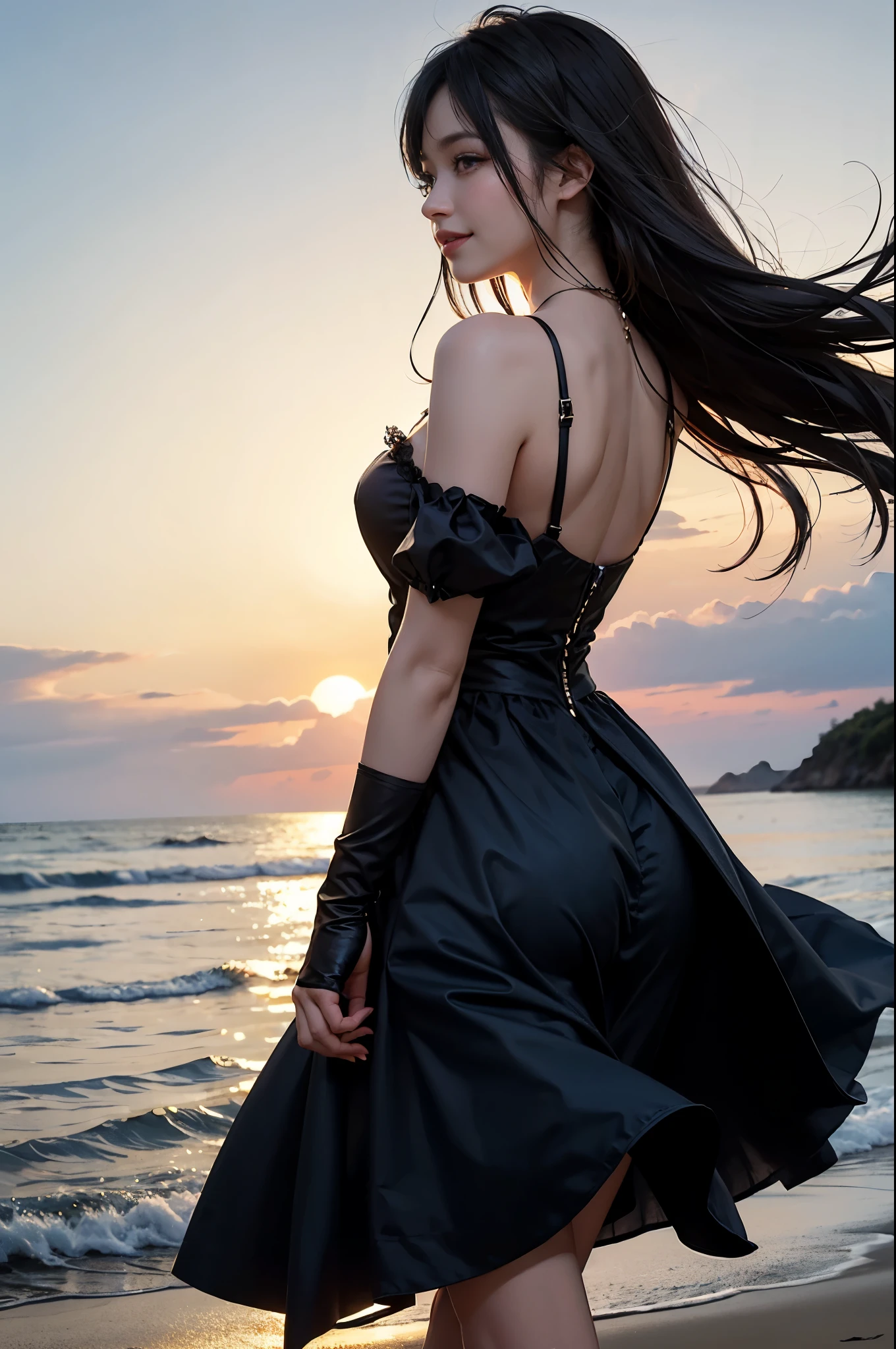 1 girl, blonde hair, gray hair, long hair, bangs, sparkling eyes, long eyelashes, pupils shine, compensate, smile, Depth of bounds written, from below, silhouette, from behind, wide shot, f/1.4, 135mm, canon, nffsw, retina, Accurate, anatomically correct, rough skin, Super detailed, advanced details, high quality, 最high quality, High resolution, 8K, (Woman walking on the beach at sunset), Backlit silhouette, (see-through black dress), ((A silhouette of the body is visible through the light.)), (hair blowing in the wind), (Skirt soars in the wind),Your underwear is visible,