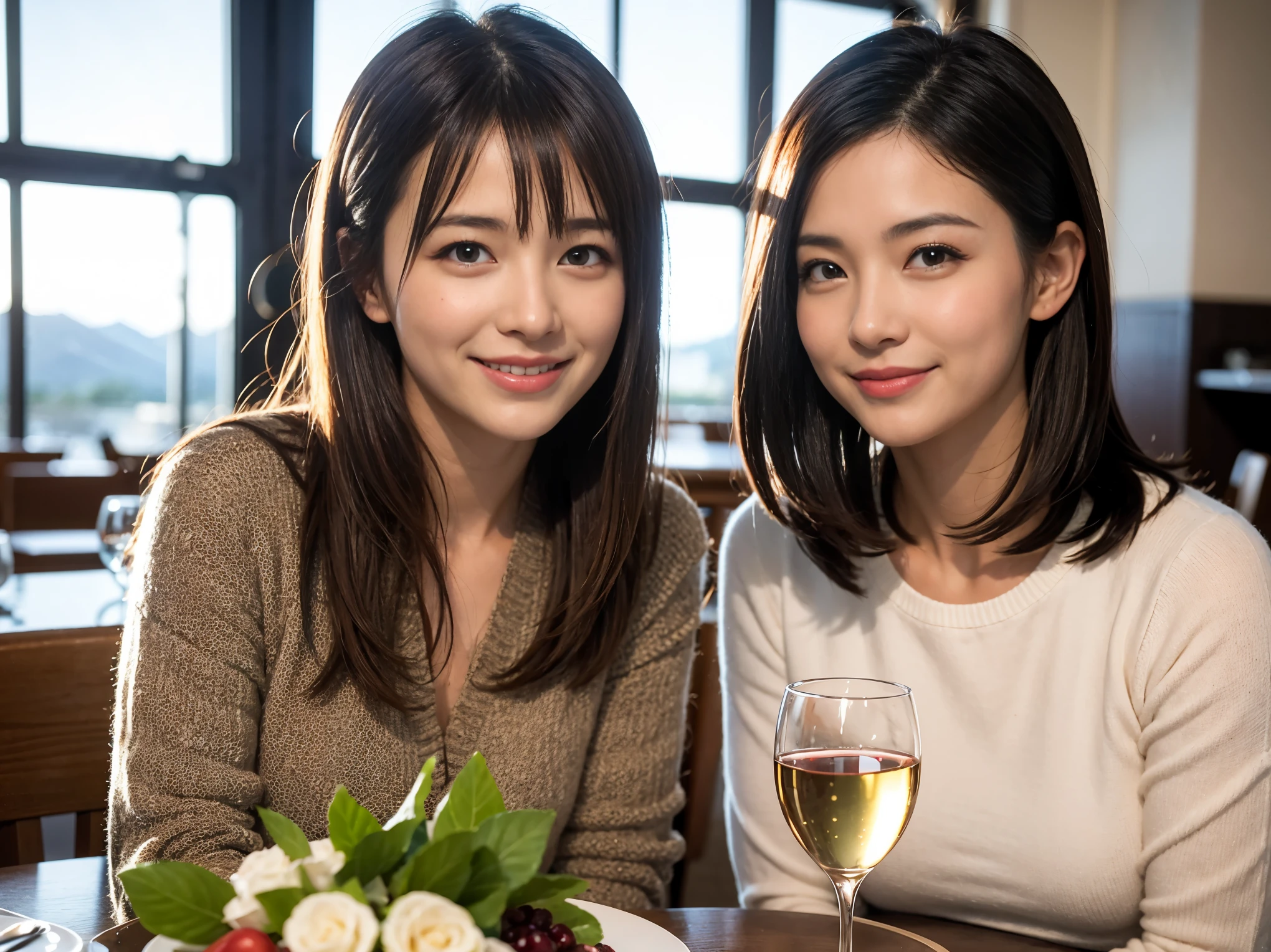 ((highest quality、8k、masterpiece:1.3))、1 male、1 female、石原さとみ似美女Couple、Spouse、Couple、The body is slim、((Bob Hale、Straight hair:1.2)), (Realistic, Intricate details:1.2), テーブルの上のwine glass、Shine light on your face、 Amazing view of the sunset sky and clouds、Amazing mountain views、A bright smile、The wonderfulness of smile、Bright image、The beauty of wine, Beautiful Face, blue eyes, The light shines on your face, Blushing, short hair,Bright Face、 (Age 37), 39 years old, red wine 、Appetizers、Italian food、Wine bottle、Champagne、sparkling wine、Two beauties、Brown Hair、Shortcuts、Long sleeve shirt、dress、Pretty Woman 1, (slimな顔), (The body is slim), (Brown Hair), (Shortcuts), cheeks turn a little red,Attractive beauty、restaurant, In a prominent place (From the waist up) Nova Frog Style, actress, model, Upper Body, White wine, slim, wine glass, 中央に置かれたwine glass, smile, (smile: 1.15), Beautiful fine grain, Depth f/2,saturation, High Contrast, Strong light and shadow,Moist Body:1.5、3D texture、Delicate eyes、Brown Hair、The hair is very shiny、