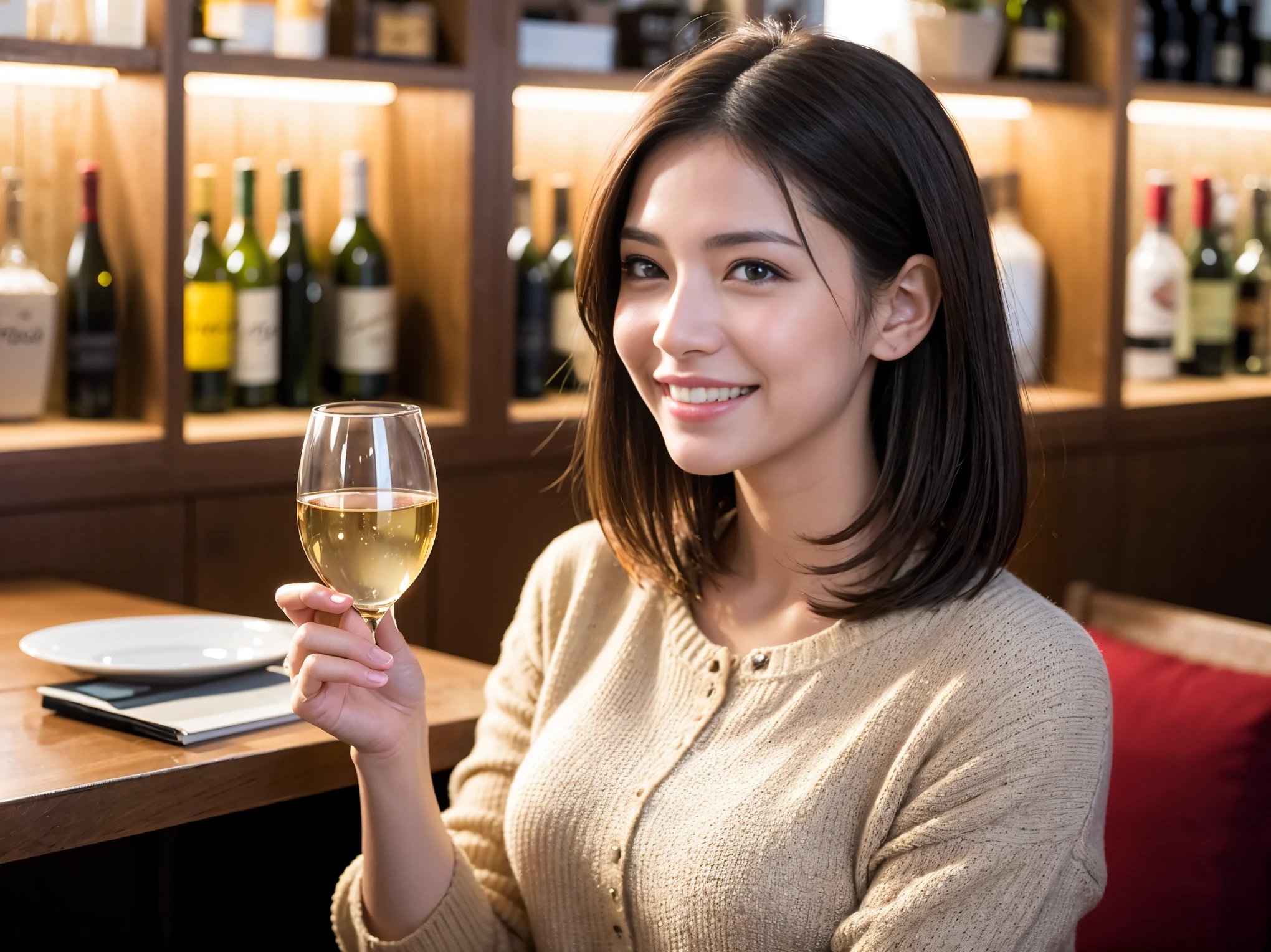 ((highest quality、8k、masterpiece:1.3))、1 male、1 female、石原さとみ似美女Couple、Spouse、Couple、The body is slim、((Bob Hale、Straight hair:1.2)), (Realistic, Intricate details:1.2), テーブルの上のwine glass、Shine light on your face、 Amazing view of the sunset sky and clouds、Amazing mountain views、A bright smile、The wonderfulness of smile、Bright image、The beauty of wine, Beautiful Face, blue eyes, The light shines on your face, Blushing, short hair,Bright Face、 (Age 37), 39 years old, red wine 、Appetizers、Italian food、Wine bottle、Champagne、sparkling wine、Two beauties、Brown Hair、Shortcuts、Long sleeve shirt、dress、Pretty Woman 1, (slimな顔), (The body is slim), (Brown Hair), (Shortcuts), cheeks turn a little red,Attractive beauty、restaurant, In a prominent place (From the waist up) Nova Frog Style, actress, model, Upper Body, White wine, slim, wine glass, 中央に置かれたwine glass, smile, (smile: 1.15), Beautiful fine grain, Depth f/2,saturation, High Contrast, Strong light and shadow,Moist Body:1.5、3D texture、Delicate eyes、Brown Hair、The hair is very shiny、