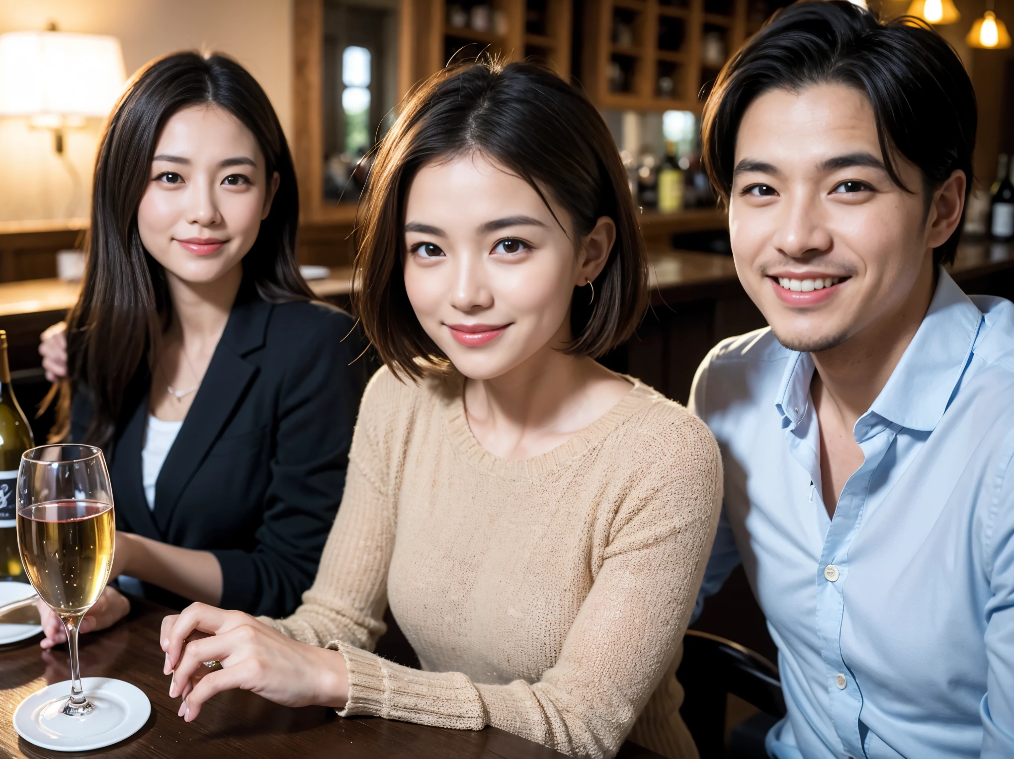 ((highest quality、8k、masterpiece:1.3))、1 male、1 female、石原さとみ似美女Couple、Spouse、Couple、The body is slim、((Bob Hale、Straight hair:1.2)), (Realistic, Intricate details:1.2), テーブルの上のwine glass、Shine light on your face、 Amazing view of the sunset sky and clouds、Amazing mountain views、A bright smile、The wonderfulness of smile、Bright image、The beauty of wine, Beautiful Face, blue eyes, The light shines on your face, Blushing, short hair,Bright Face、 (Age 37), 39 years old, red wine 、Appetizers、Italian food、Wine bottle、Champagne、sparkling wine、Two beauties、Brown Hair、Shortcuts、Long sleeve shirt、dress、Pretty Woman 1, (slimな顔), (The body is slim), (Brown Hair), (Shortcuts), cheeks turn a little red,Attractive beauty、restaurant, In a prominent place (From the waist up) Nova Frog Style, actress, model, Upper Body, White wine, slim, wine glass, 中央に置かれたwine glass, smile, (smile: 1.15), Beautiful fine grain, Depth f/2,saturation, High Contrast, Strong light and shadow,Moist Body:1.5、3D texture、Delicate eyes、Brown Hair、The hair is very shiny、