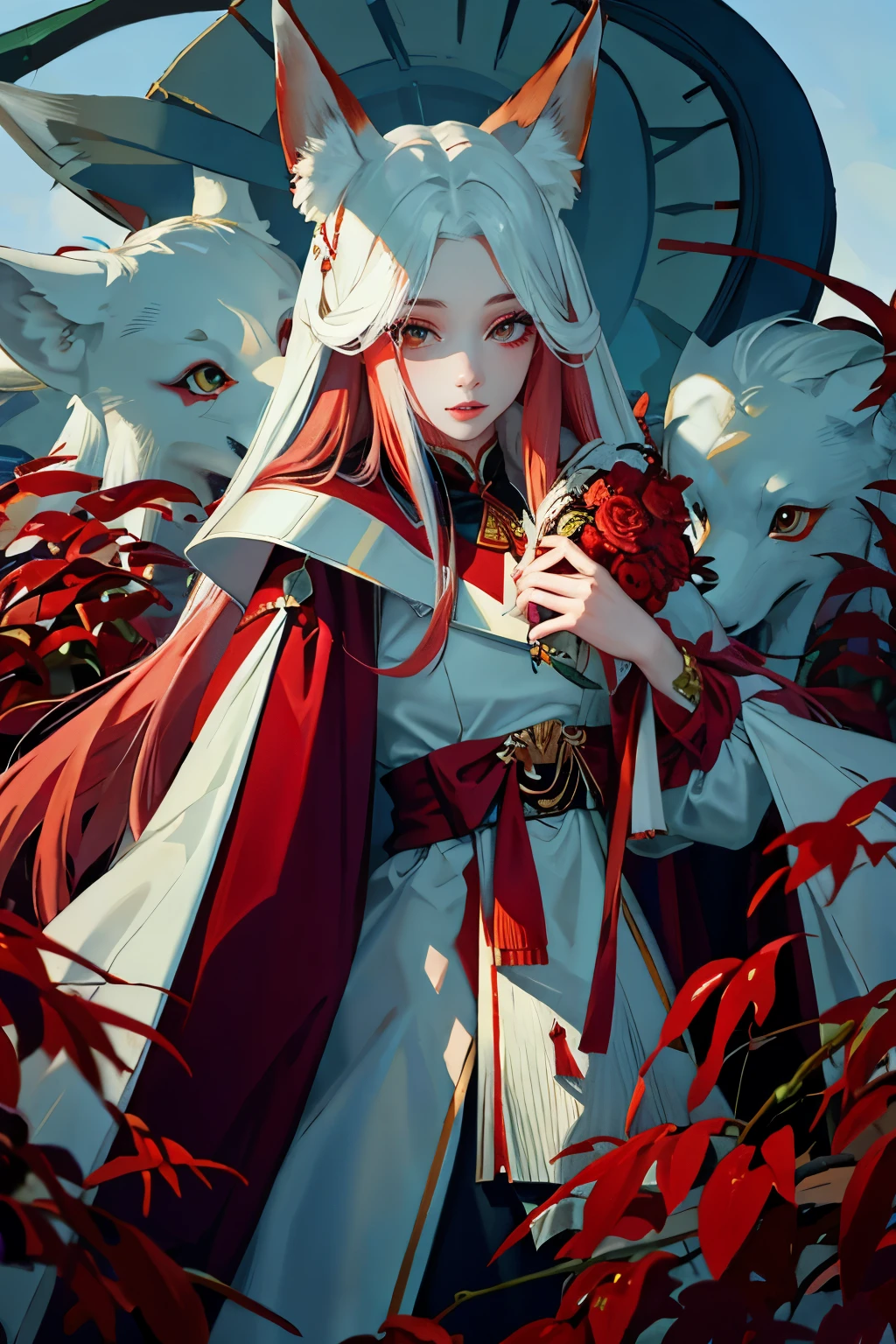 Beautiful face、beautiful eyes、Glossy lips、Red Eyeshadow、White long-haired fox anthropomorphic，Feminization，Dressed in white