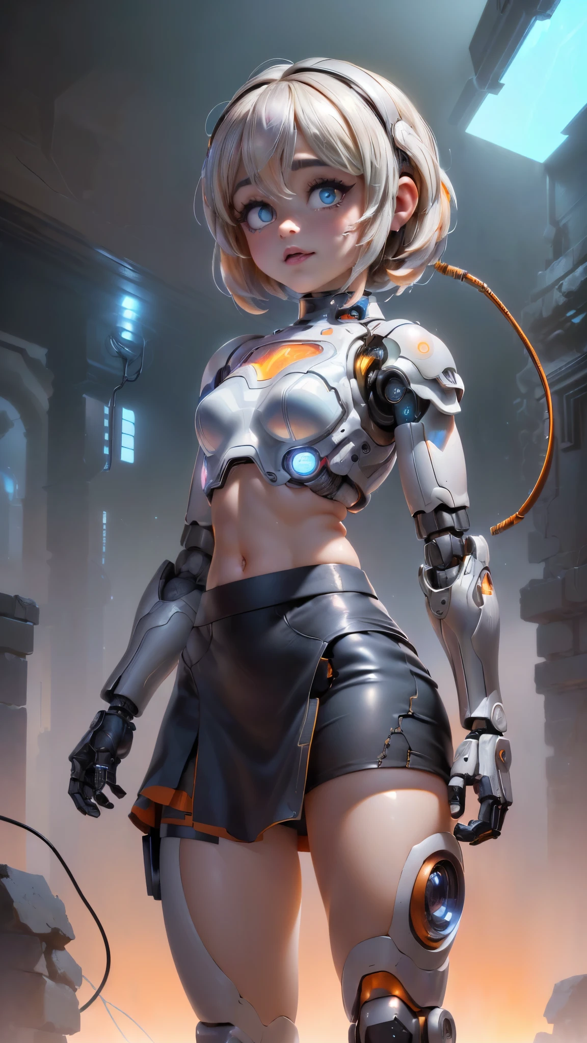 (La mejor calidad,A high resolution,Ultra - detallado,actual),sabrina carpenter cyborg transparent ,,(Fondo de ruinas de mazmorra en ruinas piedras grandes cyberpunk :1.4 ), (weared in (translucent:1.2), ( mini skirt cyborg orange :1.4), top corto white transparent ,,(Fondo de ruinas de mazmorra en ruinas cyberpunk :1.4 ), (Mechanical vertebrae attached to the back, mechanical cervical attachment to the neck, (alambres y cables que se conectan:1.4 ) , Evangelion,( small bright LED lamps:1.4) , More detailed 8K.motor irreal:1.4,UHD,La mejor calidad:1.4, fotorrealista:1.4, textura de la piel:1.4, obra maestra:1.8,obra-prima, mejor calidad,objeto Objeto], (detailed face features:1.3),(Las proporciones correctas),(Ojos hermosos azules),  (pose vaquero),( sabrina carpenter:1.4), (sabrina carpenter V2.1),( perfect anatomy:1.4), (cyborg mechanical robot transparent plastic white:1.4), ,(Fondo de ruinas de mazmorra en ruinas piedras grandes caverna :1.4 ), (cinematic lighting :1.4), (fondo laboratorio robotic :1.4), (Cyborg inteligencia artificial :1.4),( face detailed :1.4), (no mutaciones),, (manos perfectas: 1.5),( dynamic cowboy pose), (mostrando panties) 