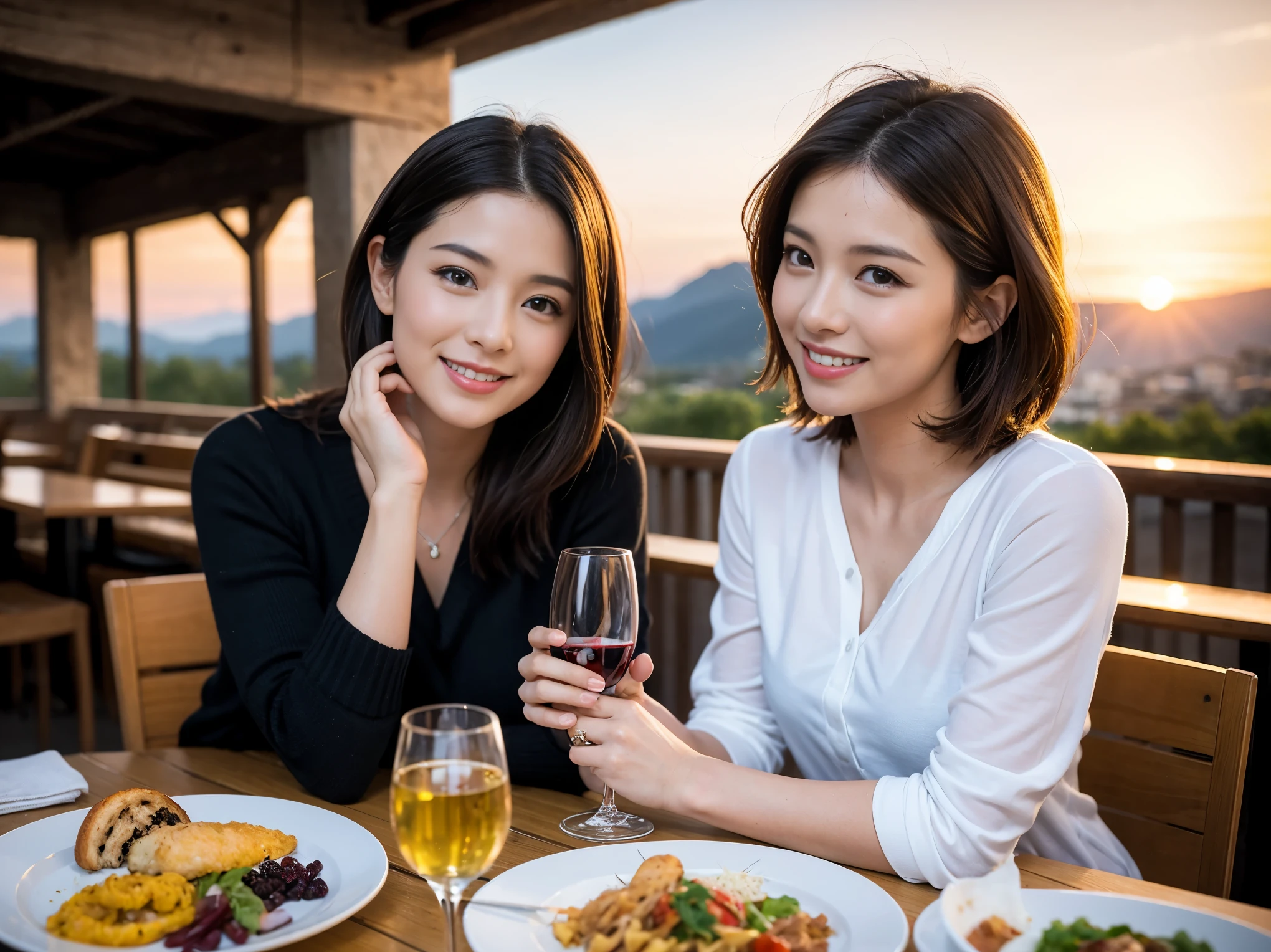 ((highest quality、8k、masterpiece:1.3))、1 male、1 female、石原さとみ似美女Couple、Spouse、Couple、The body is slim、((Bob Hale、Straight hair:1.2)), (Realistic, Intricate details:1.2), テーブルの上のwine glass、Put the light on your face、 Amazing view of the sunset sky and clouds、Amazing mountain views、A bright smile、The wonderfulness of smile、Bright image、The beauty of wine, Beautiful Face, blue eyes, The light shines on your face, Blushing, short hair,Bright Face、 (Age 37), 39 years old, red wine 、Appetizers、Italian food、Wine bottle、Champagne、sparkling wine、Two beauties、Brown Hair、Shortcuts、Long sleeve shirt、dress、Pretty Woman 1, (slimな顔), (The body is slim), (Brown Hair), (Shortcuts), cheeks turn a little red,Attractive beauty、restaurant, In a prominent place (From the waist up) Nova Frog Style, actress, model, Upper Body, White wine, slim, wine glass, 中央に置かれたwine glass, smile, (smile: 1.15), Beautiful fine grain, Depth f/2,saturation, High Contrast, Strong light and shadow,Moist Body:1.5、3D texture、Delicate eyes、Brown Hair、The hair is very shiny、