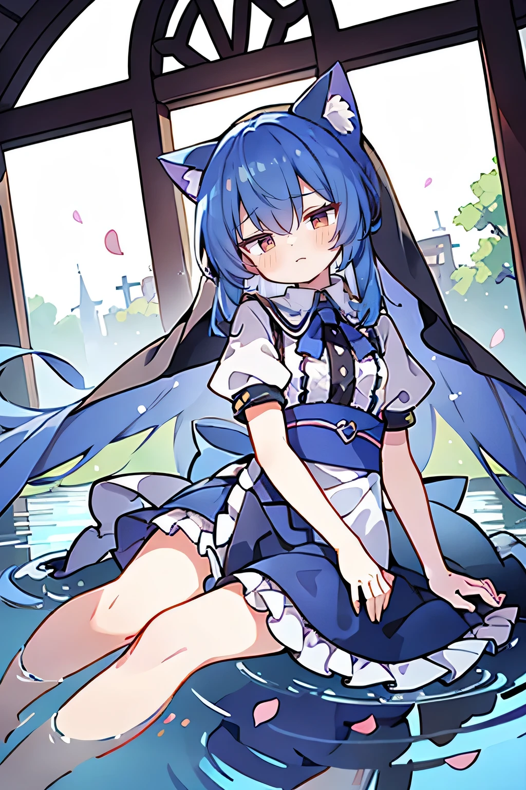 (masterpiece:1.2),Extremely detailed,Practical,expressive eyes,Fair skin,Perfect face shaping,1 Girl,
Japanese cartoons,Gorgeous blue hair, the long flowing blue hair,Floating clothes,Cat ears,Petals fall,beautiful lola,Young Angel,
Place your hands on your waist,sit elegantly on the ground,Cross your legs,Gentle and peaceful background,stately church,nun,lie on the water,Blackening,A look of disdain.