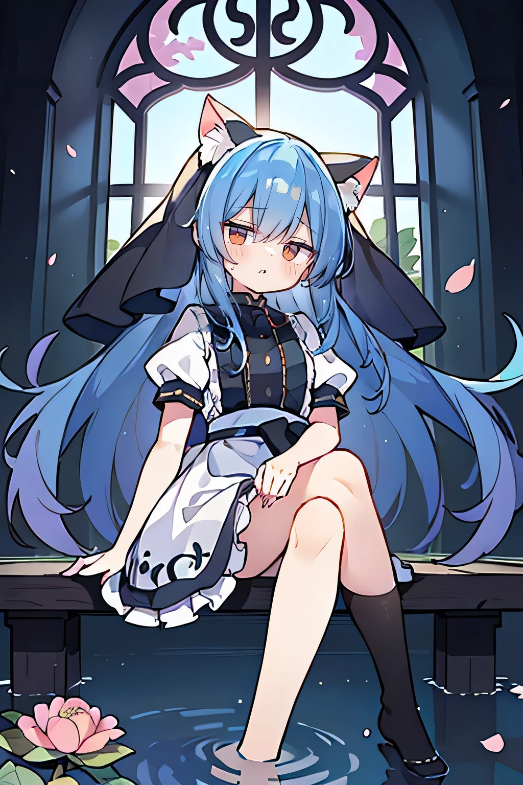 (masterpiece:1.2),Extremely detailed,Practical,expressive eyes,Fair skin,Perfect face shaping,1 Girl,
Japanese cartoons,Gorgeous blue hair, the long flowing blue hair,Floating clothes,Cat ears,Petals fall,beautiful lola,Young Angel,
Place your hands on your waist,sit elegantly on the ground,Cross your legs,Gentle and peaceful background,stately church,nun,lie on the water,Blackening,A look of disdain.