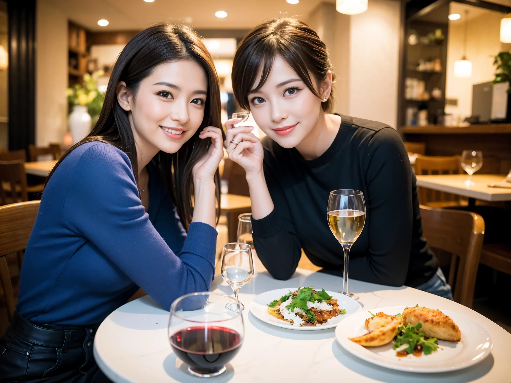 ((highest quality、8k、masterpiece:1.3))、1 male、1 female、石原さとみ似美女Couple、Spouse、Couple、The body is slim、((Bob Hale、Straight hair:1.2)), (Realistic, Intricate details:1.2), テーブルの上のwine glass、Put the light on your face、 Amazing view of the sunset sky and clouds、Amazing mountain views、A bright smile、The wonderfulness of smile、Bright image、The beauty of wine, Beautiful Face, blue eyes, The light shines on your face, Blushing, short hair,Bright Face、 (Age 37), 39 years old, red wine 、Appetizers、Italian food、Wine bottle、Champagne、sparkling wine、Two beauties、Brown Hair、Shortcuts、Long sleeve shirt、dress、Pretty Woman 1, (slimな顔), (The body is slim), (Brown Hair), (Shortcuts), cheeks turn a little red,Attractive beauty、restaurant, In a prominent place (From the waist up) Nova Frog Style, actress, model, Upper Body, White wine, slim, wine glass, 中央に置かれたwine glass, smile, (smile: 1.15), Beautiful fine grain, Depth f/2,saturation, High Contrast, Strong light and shadow,Moist Body:1.5、3D texture、Delicate eyes、Brown Hair、The hair is very shiny、