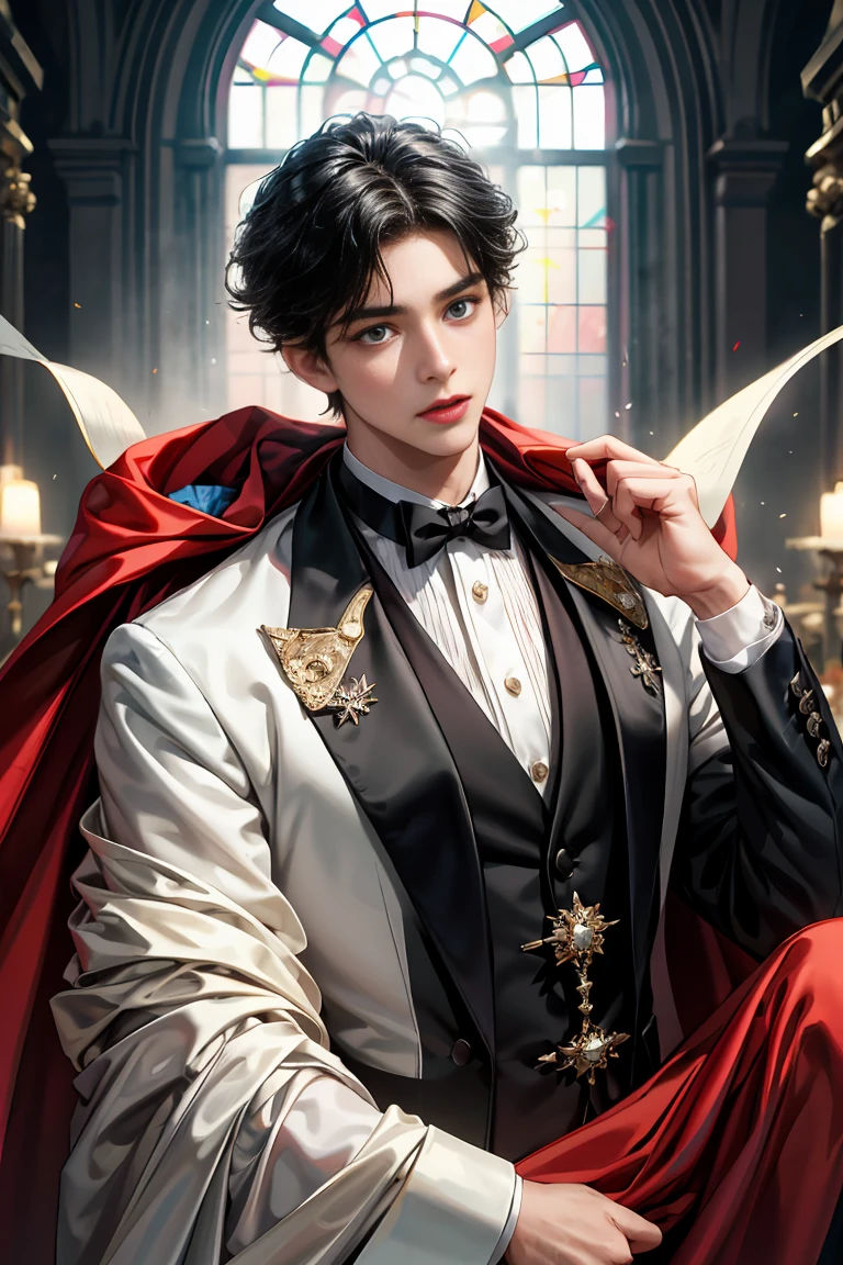 masterpiece, 最high quality, high quality, 1 boy, alone, Male focus, Watching the audience, Messy black hair, Adorable big blue eyes, White, Noble, Noble, Tuxedo、A very voluminous, large, very large, very large, long, long red and black cape made with a lot of fabric that reaches down to the floor, with a three-dimensional stand-up collar that is higher than the face., 17 years old,Cute beautiful boys,Cute, cute, kind, handsome guy
