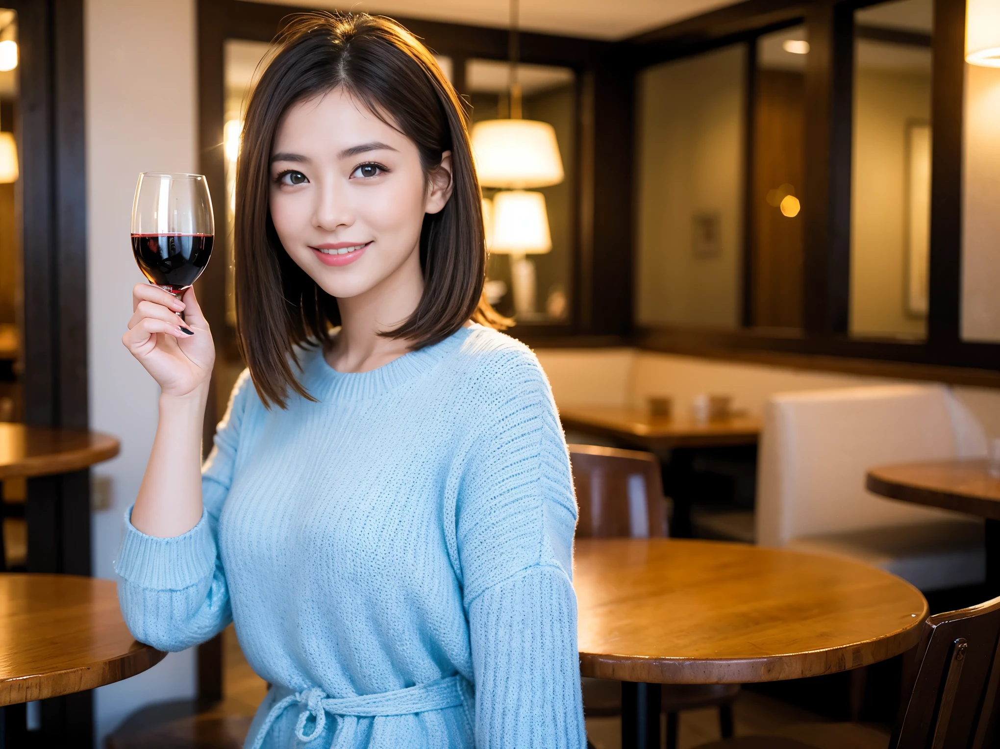 ((highest quality、8k、masterpiece:1.3))、1 male、1 female、石原さとみ似美女Couple、Spouse、Couple、The body is slim、((Bob Hale、Straight hair:1.2)), (Realistic, Intricate details:1.2), テーブルの上のwine glass、Shine light on your face、 Amazing view of the sunset sky and clouds、Amazing mountain views、A bright smile、The wonderfulness of smile、Bright image、The beauty of wine, Beautiful Face, blue eyes, The light shines on your face, Blushing, short hair,Bright Face、 (Age 37), 41 years old, red wine 、Appetizers、Italian food、Wine bottle、Champagne、sparkling wine、Two beauties、Brown Hair、Shortcuts、Long sleeve shirt、dress、Pretty Woman 1, (slimな顔), (The body is slim), (Brown Hair), (Shortcuts), cheeks turn a little red,Attractive beauty、restaurant, In a prominent place (From the waist up) Nova Frog Style, actress, model, Upper Body, White wine, slim, wine glass, 中央に置かれたwine glass, smile, (smile: 1.15), Beautiful fine grain, Depth f/2,saturation, High Contrast, Strong light and shadow,Moist Body:1.5、3D texture、Delicate eyes、Brown Hair、The hair is very shiny、