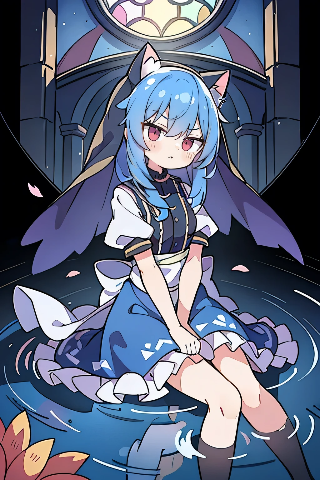 (masterpiece:1.2),Extremely detailed,Practical,expressive eyes,Fair skin,Perfect face shaping,1 Girl,
Japanese cartoons,Gorgeous blue hair, the long flowing blue hair,Floating clothes,Cat ears,Petals fall,beautiful lola,Young Angel,
Place your hands on your waist,sit elegantly on the ground,Cross your legs,Gentle and peaceful background,stately church,nun,lie on the water,Blackening,A look of disdain.