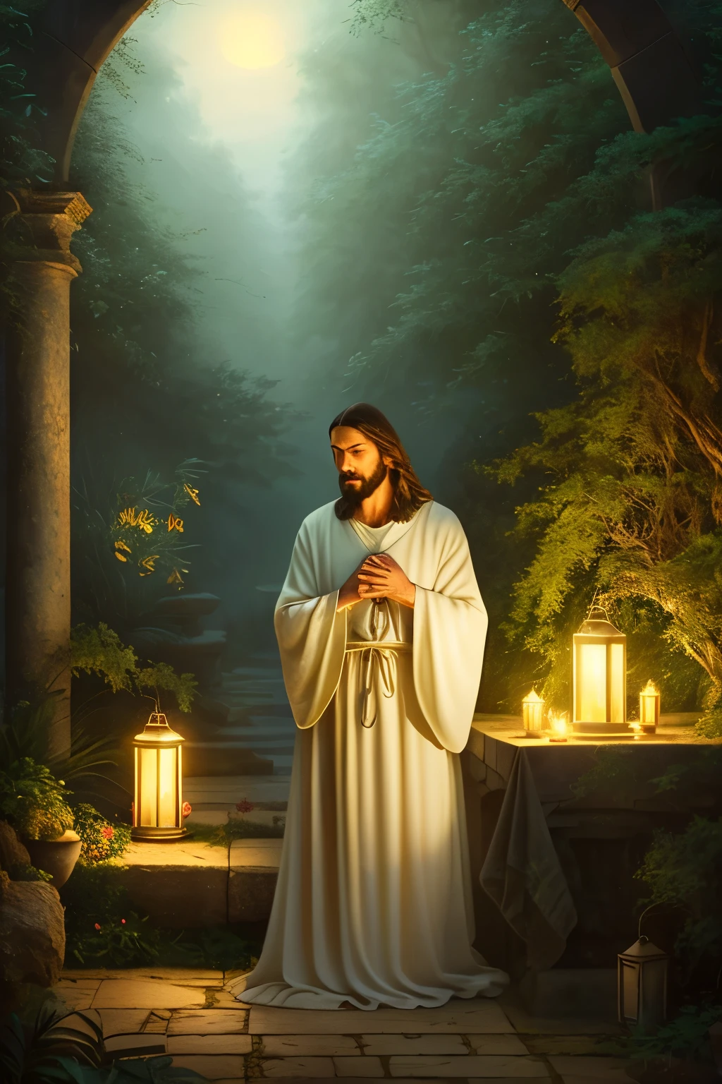 Striking portrayal of Jesus Christ in the Garden of Gethsemane, rendered in exquisite detail with a realistic, yet serene quality. The image showcases the biblical figure in a quiet introspective moment, deeply contemplative with a hint of sadness in his eyes. His robes are softly flowing, capturing the stillness of the night. The setting is illuminated by the soft glow of distant lanterns, creating a warm, ambient atmosphere that accentuates the spiritual significance of the scene. The composition is masterful, expertly capturing the tension and emotional depth of the moment. This high-resolution, cinematic artwork is reminiscent of a peaceful,
