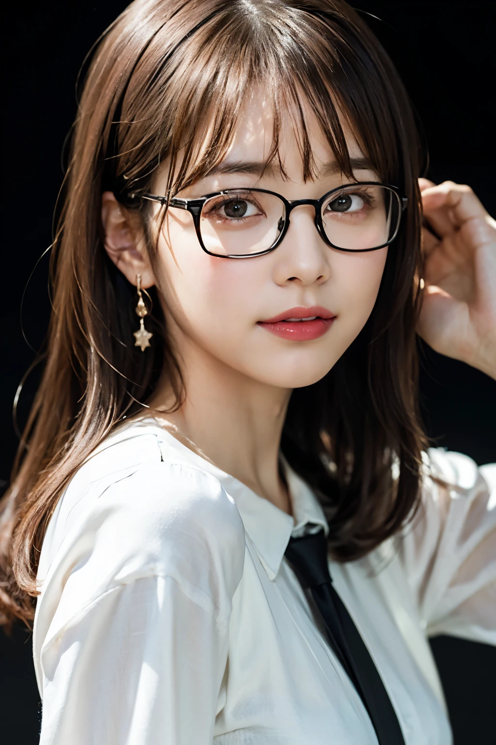 (8k、Raw photo、highest quality、masterpiece:1.2)、(Realistic、Photorealistic:1.37)、Ultra-detailed、超A high resolution、1 girl、Seeing the viewer、Beautifully detailed face、Laughter、narrow、(Slim waist) :1.3)、((White blouse))、Beautifully detailed skin、Skin Texture、Floating Hair、((Tie your hair together))、Professional Lighting、In front of the station at noon、((Black square glasses))、Human whole body、Brown Hair