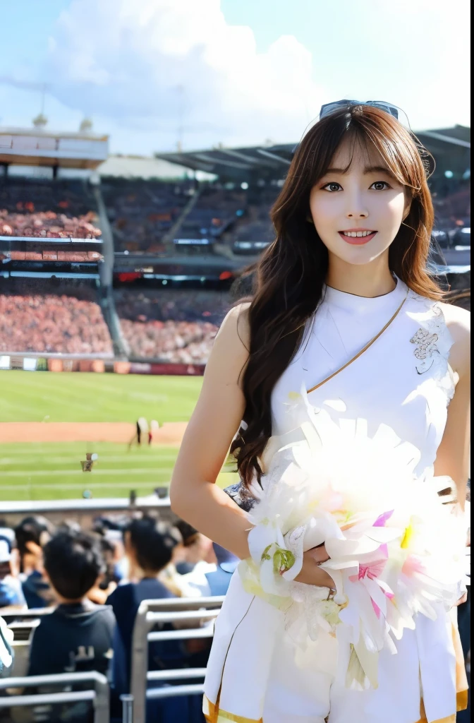 SDGAHSJ,1 Girl,Asian,Cheerleader,(background: stadium),outdoor,looking at the audience,photoPractical,Practical,Solitary,Flowers,Blue sky and white clouds,audience,Top number,underwear,ultra HD resolution,ultra-fine face,long eyelashes,very detailed lips,delicate eyes,double eyelids,makeup face. hair accessories,elegant,enchanting,photorealistic,realistic