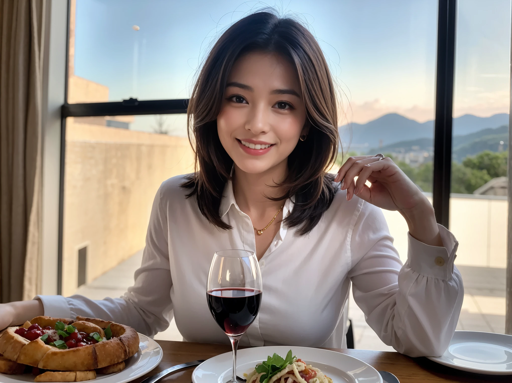 ((highest quality、8k、masterpiece:1.3))、1 male、1 female、石原さとみ似美女Couple、Spouse、Couple、The body is slim、((Bob Hale、Straight hair:1.2)), (Realistic, Intricate details:1.2), テーブルの上のwine glass、Shine light on your face、 Amazing view of the sunset sky and clouds、Amazing mountain views、A bright smile、The wonderfulness of smile、Bright image、The beauty of wine, Beautiful Face, blue eyes, The light shines on your face, Blushing, short hair,Bright Face、 (Age 37), 41 years old, red wine 、Appetizers、Italian food、Wine bottle、Champagne、sparkling wine、Two beauties、Brown Hair、Shortcuts、Long sleeve shirt、dress、Pretty Woman 1, (slimな顔), (The body is slim), (Brown Hair), (Shortcuts), cheeks turn a little red,Attractive beauty、restaurant, In a prominent place (From the waist up) Nova Frog Style, actress, model, Upper Body, White wine, slim, wine glass, 中央に置かれたwine glass, smile, (smile: 1.15), Beautiful fine grain, Depth f/2,saturation, High Contrast, Strong light and shadow,Moist Body:1.5、3D texture、Delicate eyes、Brown Hair、The hair is very shiny、