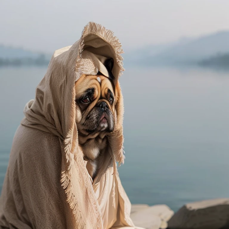 Arafat, wrapped in a blanket, sitting on a stone by the water, Dressed in a bathrobe, in a robe, mantle-covered, She is dressed in a wet coat, in a luxurious cloak, pug, Wearing a cloak, covered with blanket, portrait of a pug in the image of the Pope, in a brown cape, The Dog as a Greek God