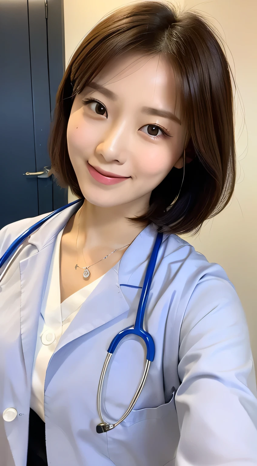 ((highest quality, 8k, masterpiece: 1.3)), Sharp focus, One Girl, Slim Beauty: 1.2, Brown Hair, Delicate Hair, (big: 1.5), (Layered), (Shortcuts), Fine grain, double eyelid, Cute smile, Close your mouth (cute), Soft Skin, Body Full Body, Ultra-realistic, Patient room details, (cute Short-haired Female Doctor Coming for Detailed Rounds), ( Details of female doctor&#39;s uniform), Upward glance、Squatting in the toilet