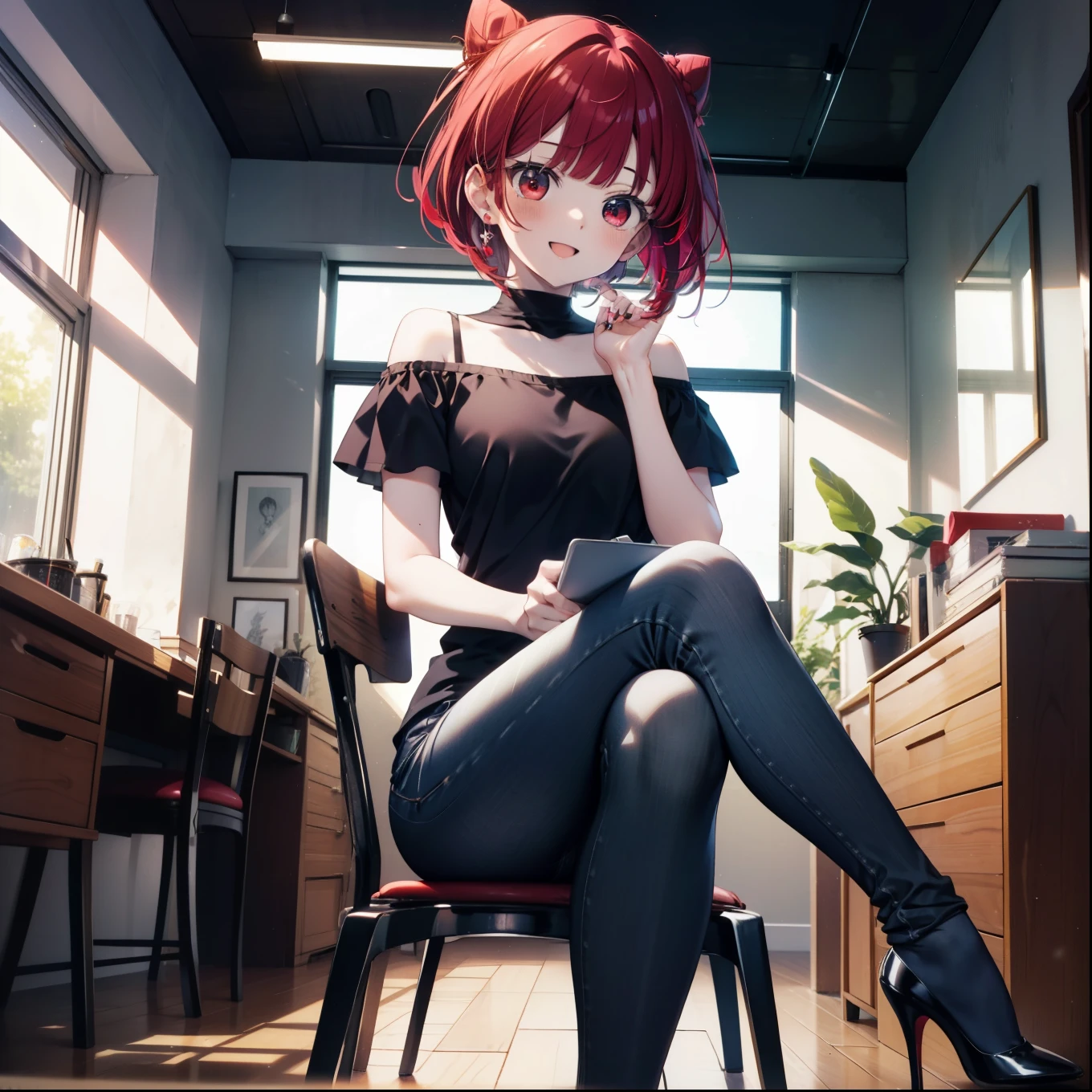 Arima etc.., Arima Kana, (Red eyes:1.5), Red Hair,Short Hair,Bob Hair,happy smile, smile, Open your mouth,Hair Bun, single  Hair Bun,Redhead,Off-the-shoulder shirt,Short sleeve,Exposing shoulders,skinny pants,Stiletto heels,sitting cross-legged on a chair,There is a lunch box on the table,whole bodyがイラストに入るように,Daytime,Clear skies,
壊す looking at viewer,whole body,
Breaking indoors,office,　　　　　　　　　　　　(masterpiece:1.2), highest quality, High resolution, unity 8k wallpaper, (shape:0.8), (Beautiful and beautiful eyes:1.6), Highly detailed face, Perfect lighting, Extremely detailed CG, (Perfect hands, Perfect Anatomy),