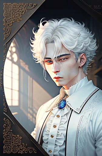 In a stunning portrait of exceptional quality, an androgynous villain emerges from the shadows of Wonderland, his albino white hair cascading in thick, robust curls that frame a pair of riveting, anime-inspired eyes. The intricate detailing of this masterpiece captures the essence of a handsome, masculine prince with an air of absurdity, harkening back to the Victorian era.
His Korean features are accentuated by the immaculate detail of the outfit, which meticulously represents the extravagance and intricacy of Victorian style. The ornate, detailed interiors of the ensemble pay homage to the delicate elegance of the era, showc