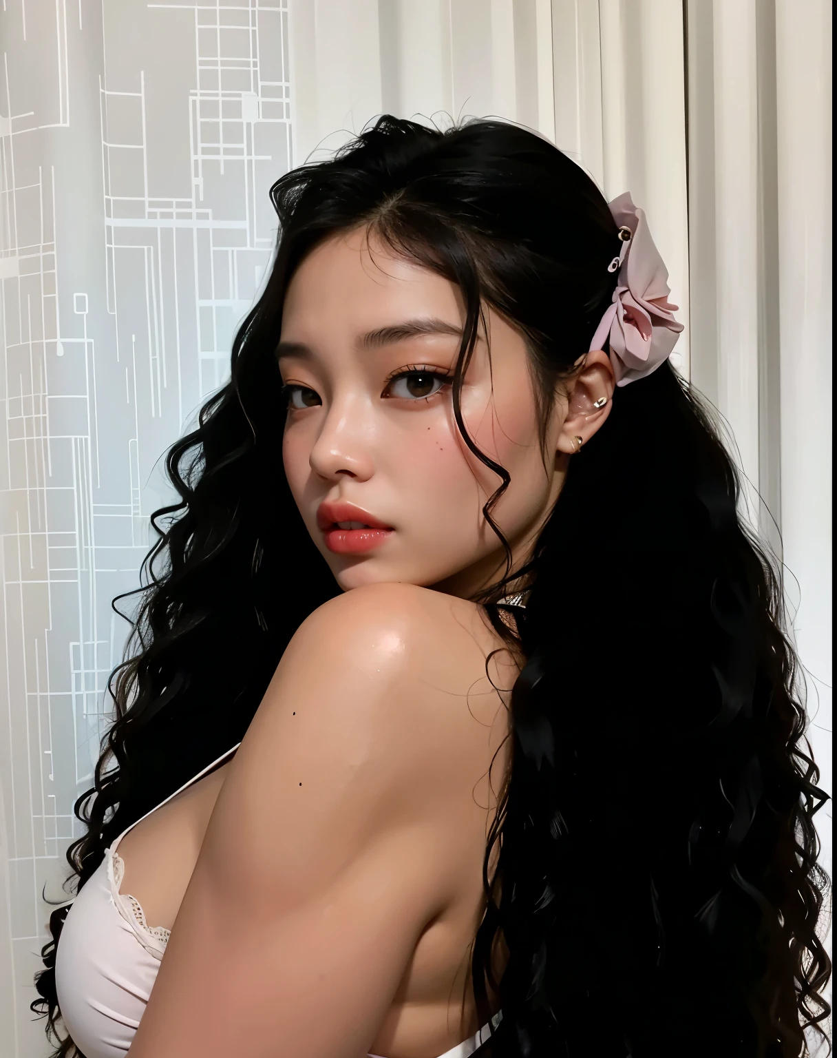 Jenni Blackpink de cabelo cacheado HD with cute lips and huge, an Asian adult woman , beautiful hair, Arms pretty , seios grandes , fleshy lips, olhos bonitos, olhos bem bonitos