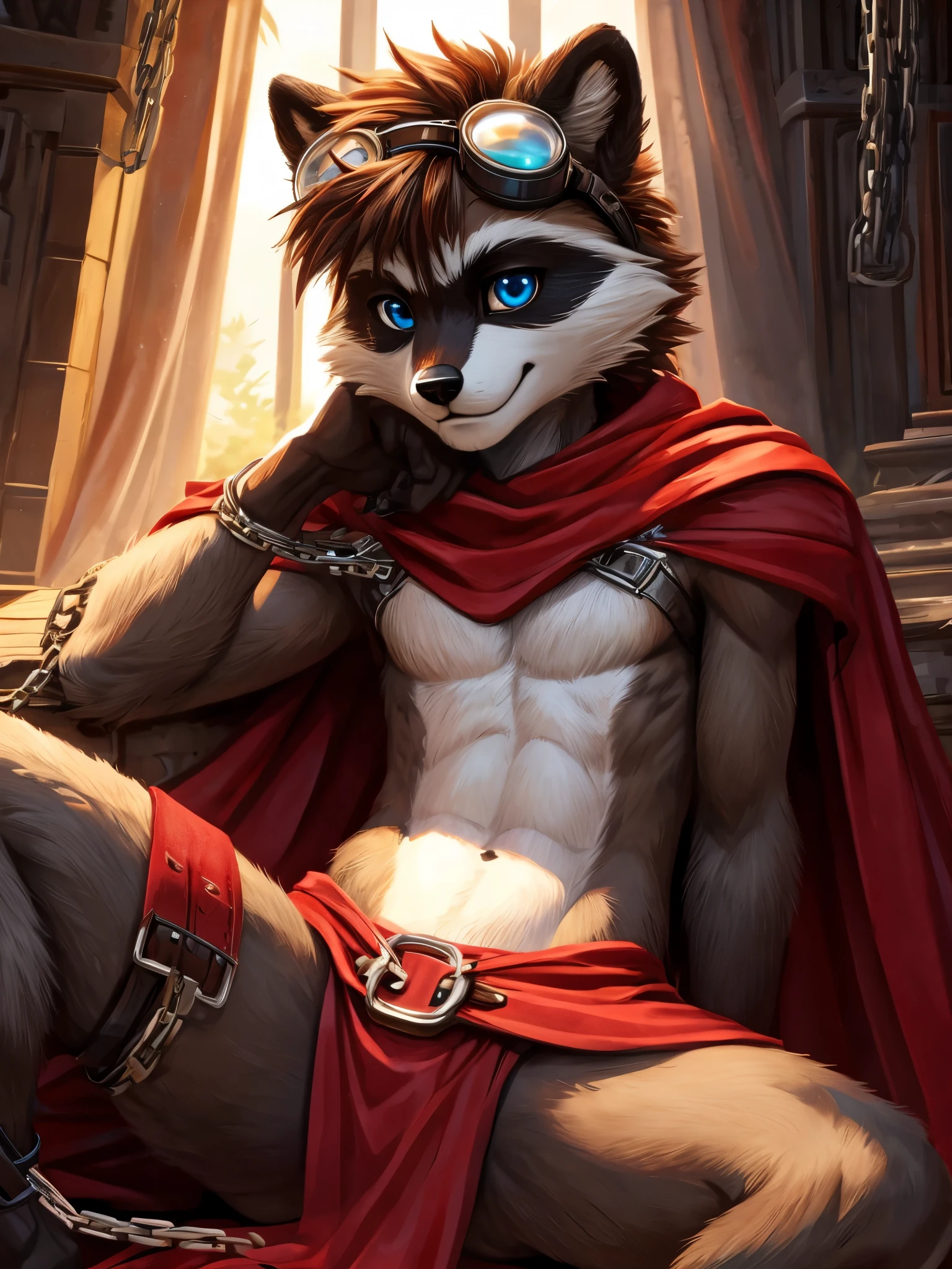 Furry, furry, teenccoon, spiked brown hair only on head, blue eyes, goggles, chain harness, red cape, red scarf, red loincloth, masterpiece, detail body, detailed eyes, fur all over body, detailed face, detailed eyes, detailed hands, Skinny, claws, high resolution, metal cuffs on wrists, metal cuffs on ankles, no shirt, no underwear, lying down