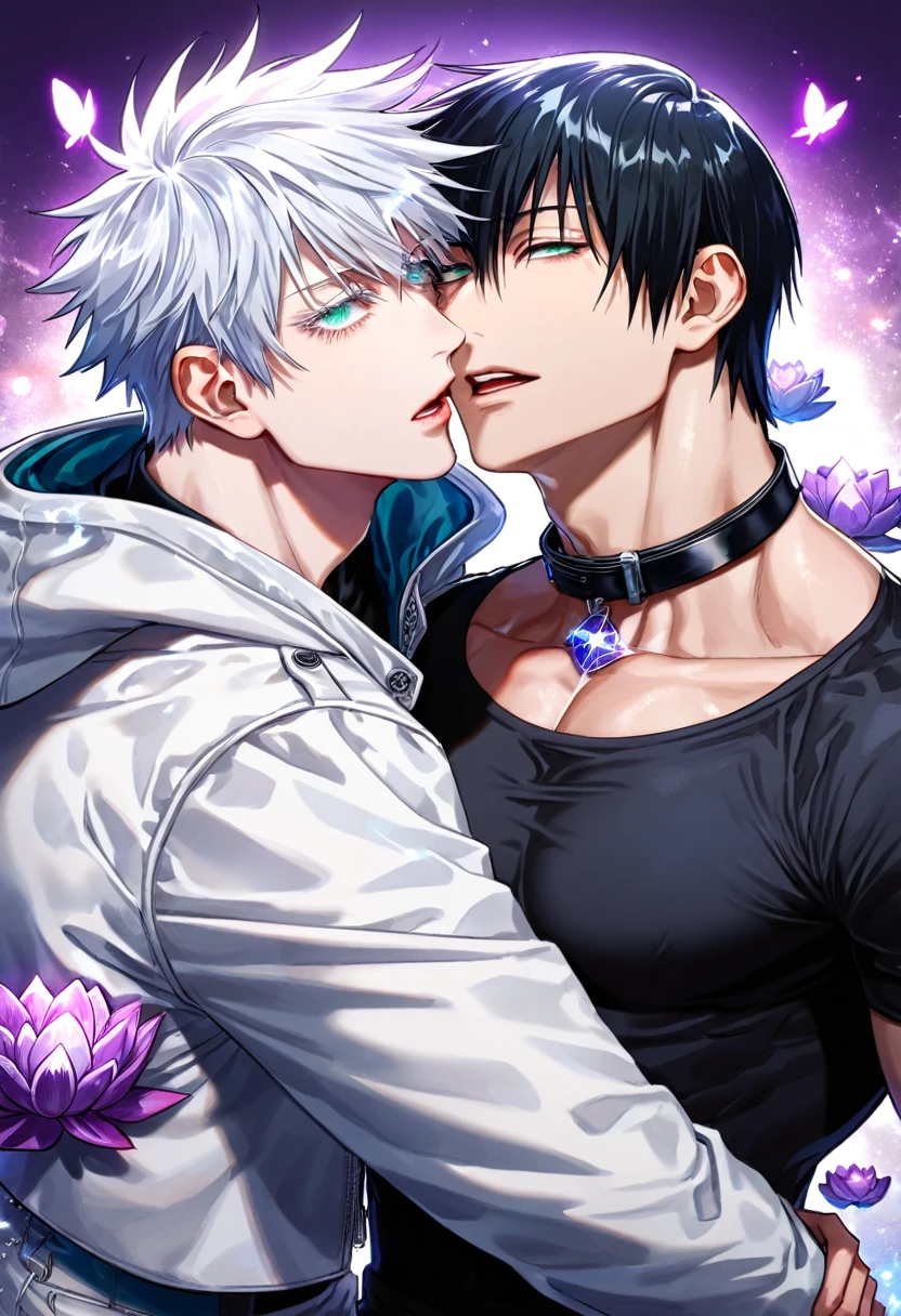 absurdres, highres, ultra detailed, HDR) master piece, best quality, Fushiguro Touji, black hair, expressive green eyes, black tight shirt, cropped leather jacket, black collar, Jujutsu Kaisen, Gojou Satoru, white hair, with bangs, expressive blue eyes, white eyelashes, two sexy men together, yaoi, gay couple, handsome, toned chest, white coat, magical fantasy, purple butterflies, glittering, sparkling, purple lotus, purple petals, radiant gemstone purple background, water