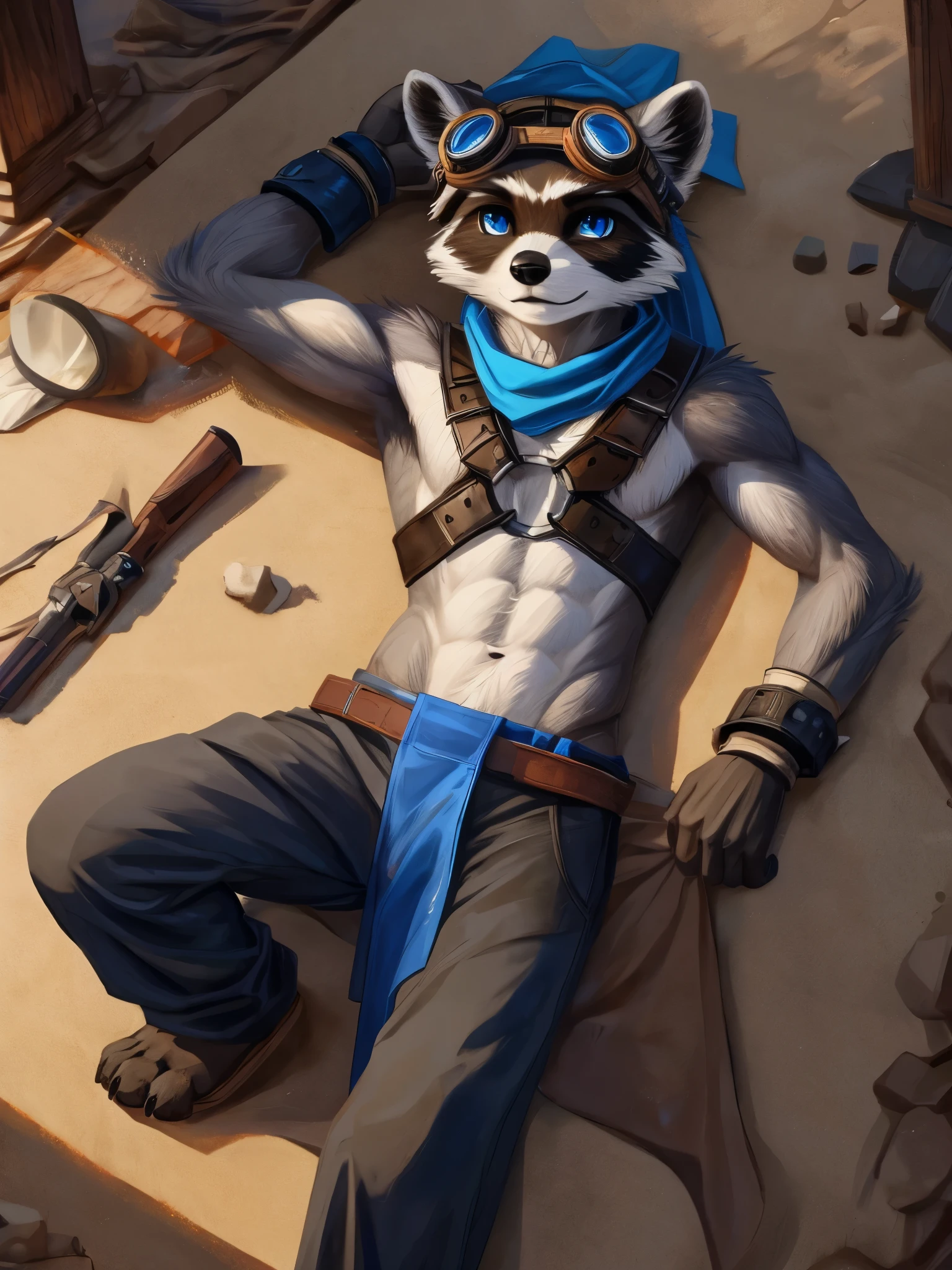 furry, furry, teen, raccoon, grey body, long brown spiked_ponytail, detailed eyes, Detailed body fur, long blue scarf, leather_harness, blue_breechcloth, goggles, masterpiece, gray body, Detailed face, big eyebrows, blue eyes, detailed eyes, No muscles, Detailed hands, Flat body, Skinny, Detailed paws, metal cuffs on wrists, metal cuffs on ankles, black baggy pants, laying down