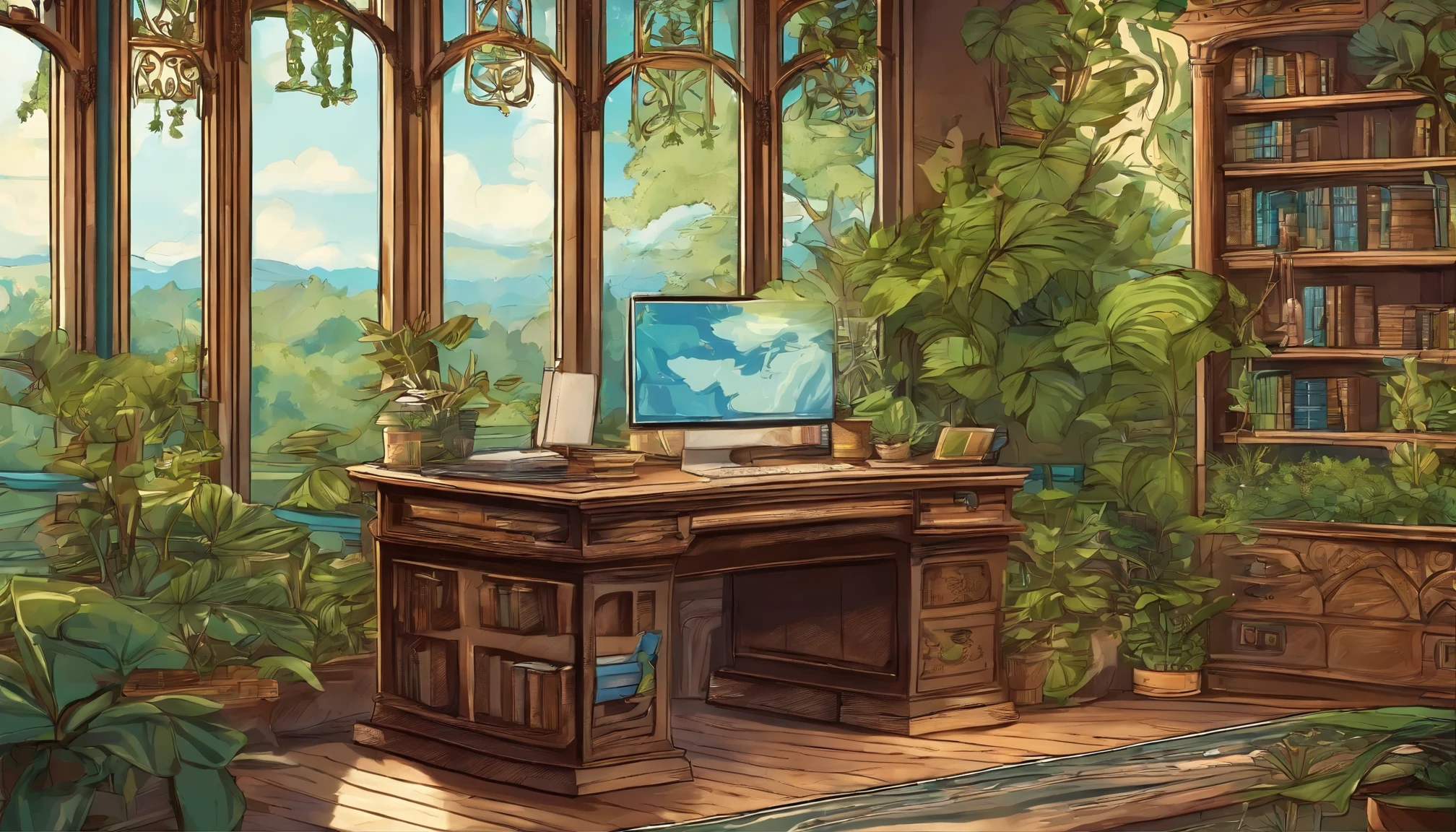 an artist desk with plants, books, paper, laptop, shelf, drawers, with a view to a green urban scenery