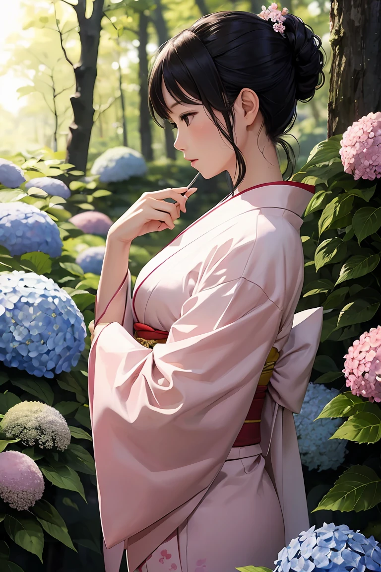 masterpiece ,highest quality, delicateな髪の美しい女性, Flowers, forest, June,Hydrangea,profile,Fleeting,beauty,delicate,Cinematic,Japanese women,profile,mature,Shiny woman,Downward Angle,Pink kimono