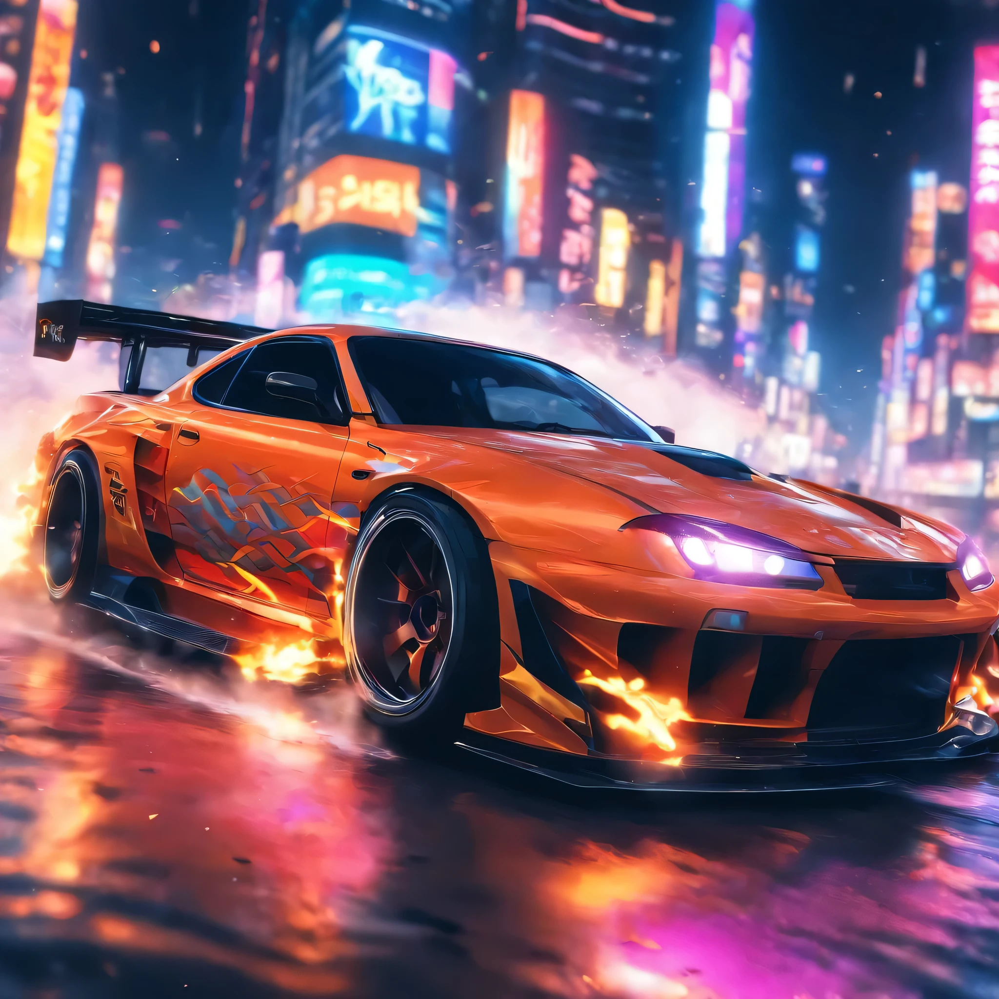 a drifting car, drift car, sports car, supercar, fast car, luxury car, dramatic lighting, cinematic atmosphere, high speed motion blur, dynamic camera angle, asphalt road, burning rubber, detailed car exterior, shiny metal body, sleek aerodynamic design, carbon fiber accents, vibrant colors, neon lights, city skyline background, urban landscape, dramatic cloud sky, cinematic color grading, hyper-realistic, 8k, photo-realistic, masterpiece